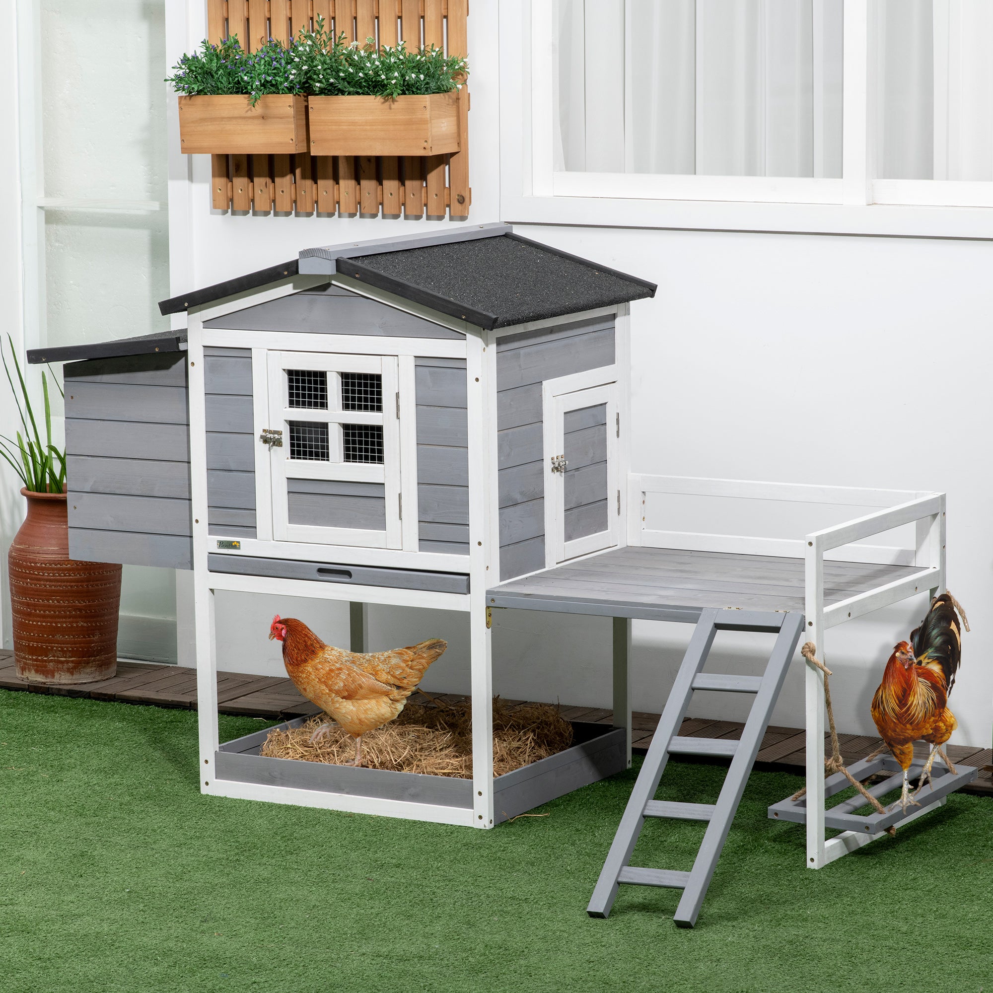 PawHut 65" Chicken Coop with Swing Toy, Wooden Hen House with Nesting Box, 2 Rooms, Removable Tray, Asphalt Roof, Ramp, Outdoor Poultry Cage