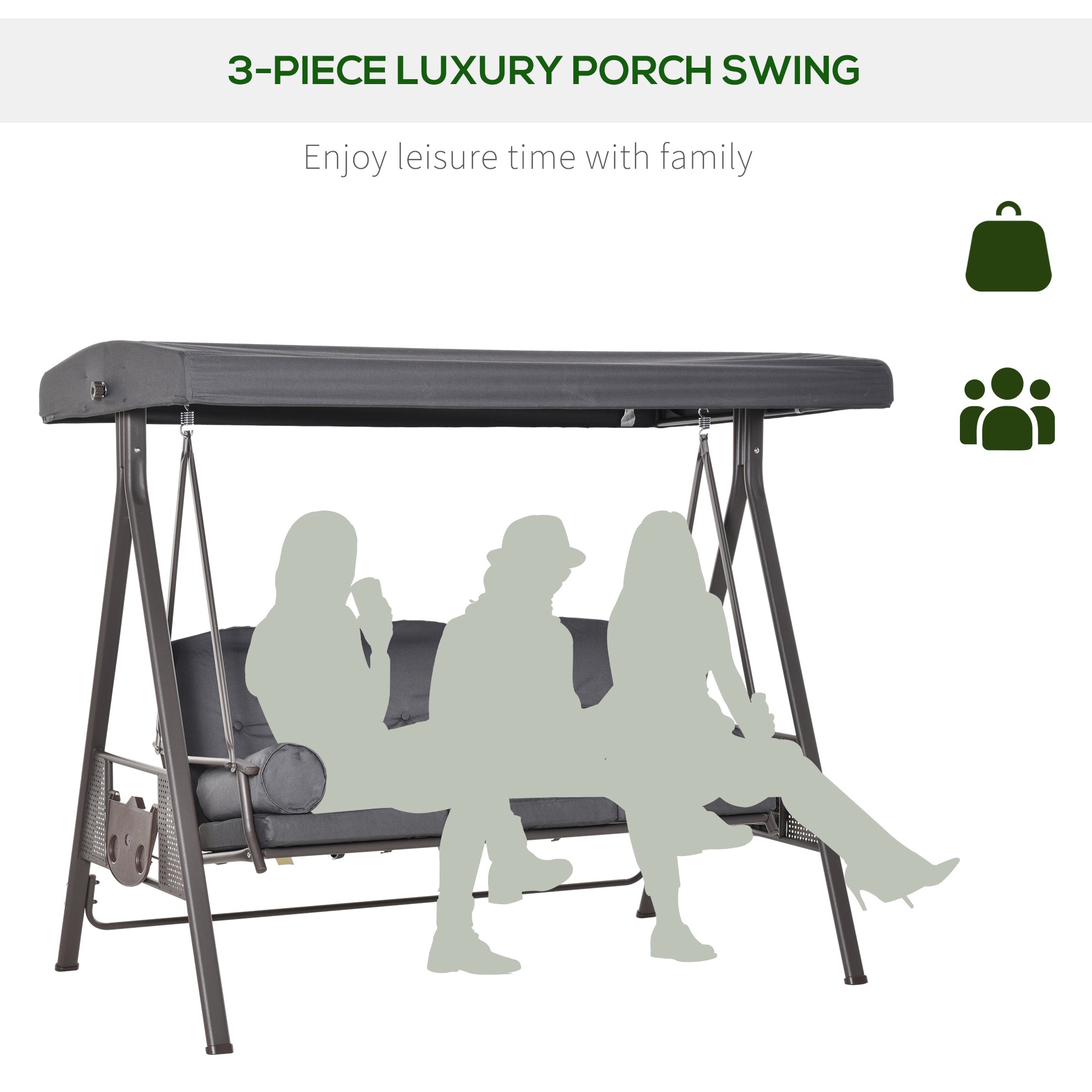 Outsunny 3 Seater Porch Swing Heavy Duty Outdoor Swing Chair Outdoor Lounge Hammock Cushioned Seat w/ Tilt Canopy, Dark Grey