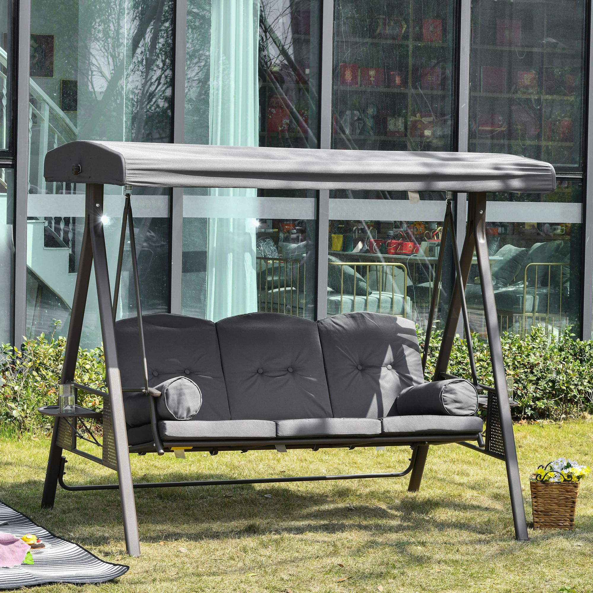 Outsunny 3 Seater Porch Swing Heavy Duty Outdoor Swing Chair Outdoor Lounge Hammock Cushioned Seat w/ Tilt Canopy, Dark Grey