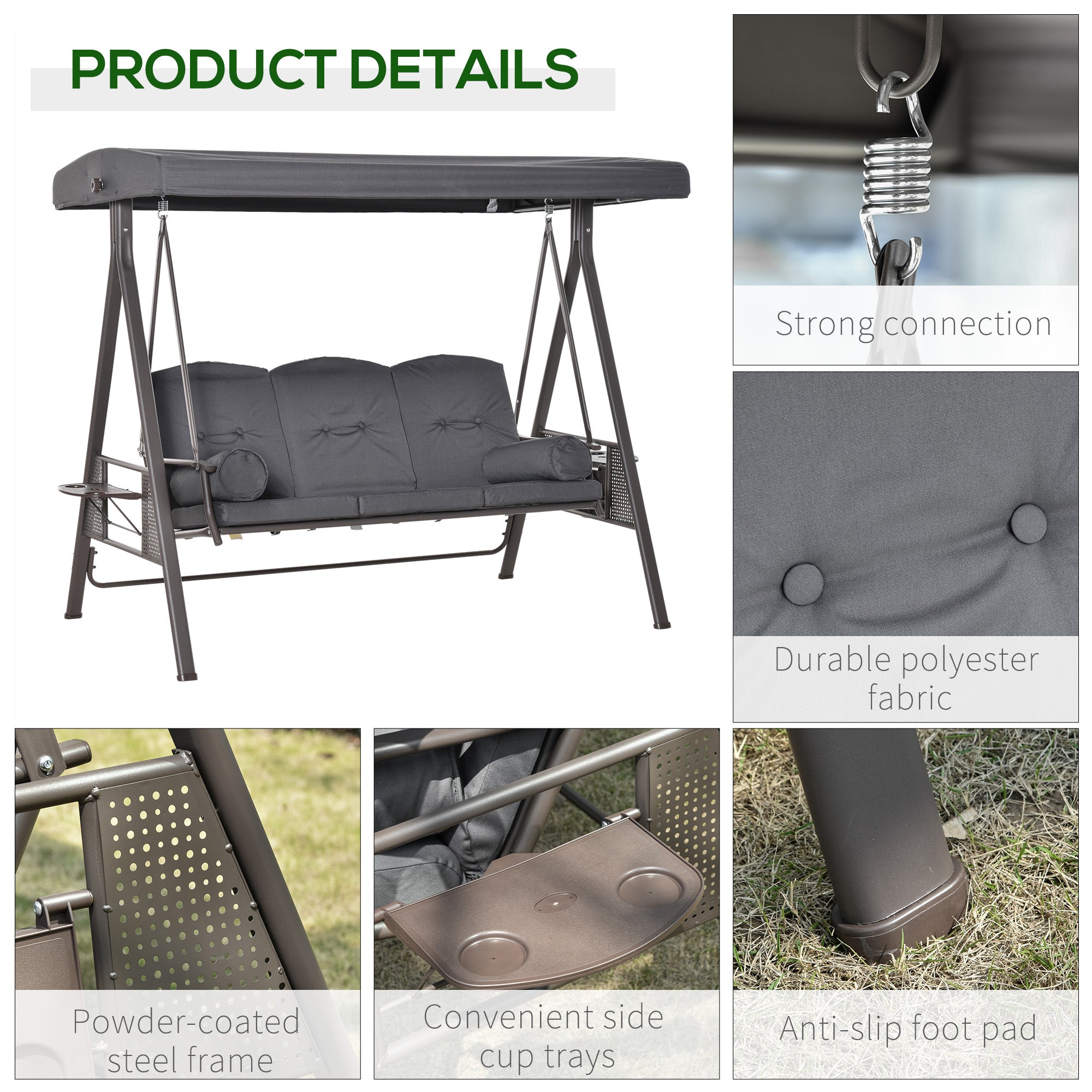 Outsunny 3 Seater Porch Swing Heavy Duty Outdoor Swing Chair Outdoor Lounge Hammock Cushioned Seat w/ Tilt Canopy, Dark Grey