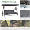 Outsunny 3 Seater Porch Swing Heavy Duty Outdoor Swing Chair Outdoor Lounge Hammock Cushioned Seat w/ Tilt Canopy, Dark Grey