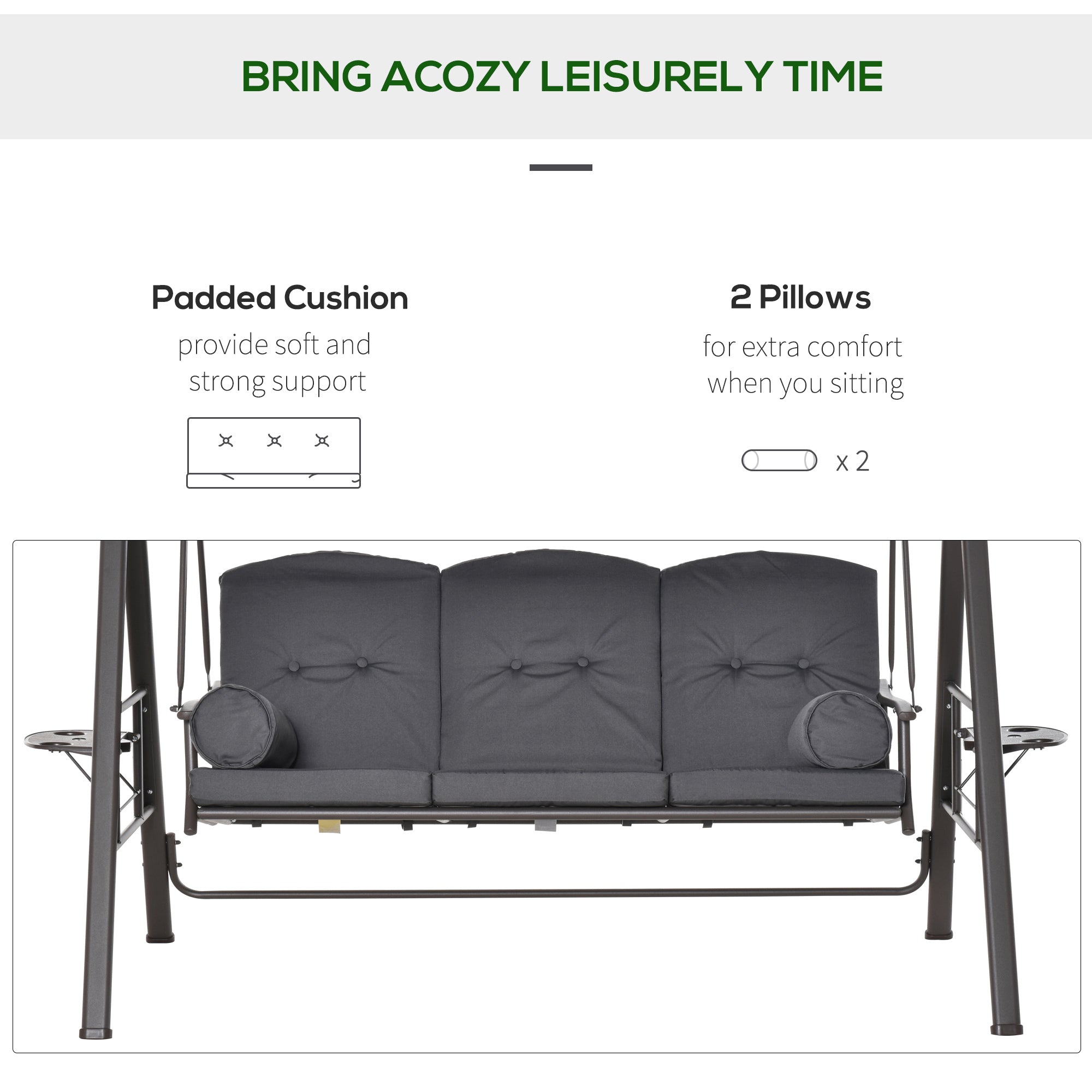 Outsunny 3 Seater Porch Swing Heavy Duty Outdoor Swing Chair Outdoor Lounge Hammock Cushioned Seat w/ Tilt Canopy, Dark Grey