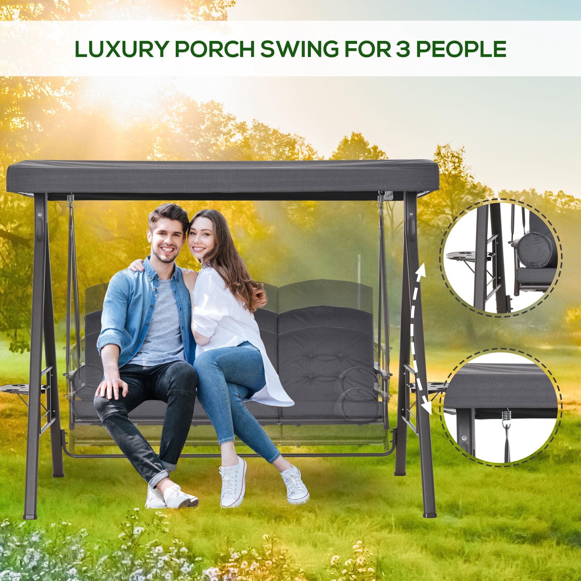 Outsunny 3 Seater Porch Swing Heavy Duty Outdoor Swing Chair Outdoor Lounge Hammock Cushioned Seat w/ Tilt Canopy, Dark Grey