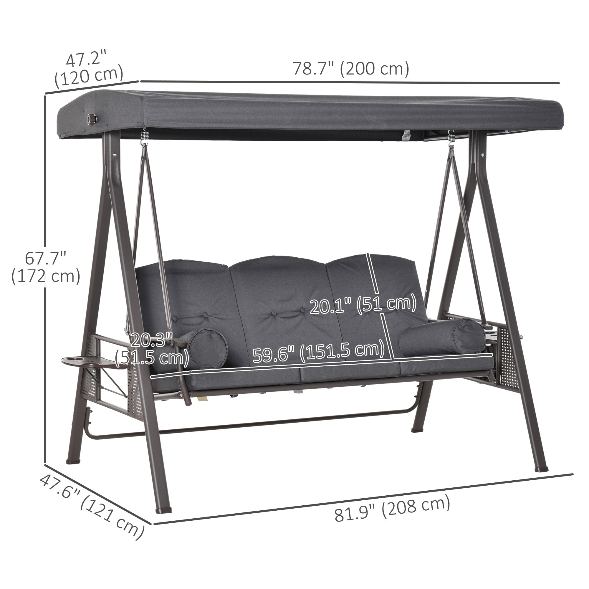 Outsunny 3 Seater Porch Swing Heavy Duty Outdoor Swing Chair Outdoor Lounge Hammock Cushioned Seat w/ Tilt Canopy, Dark Grey