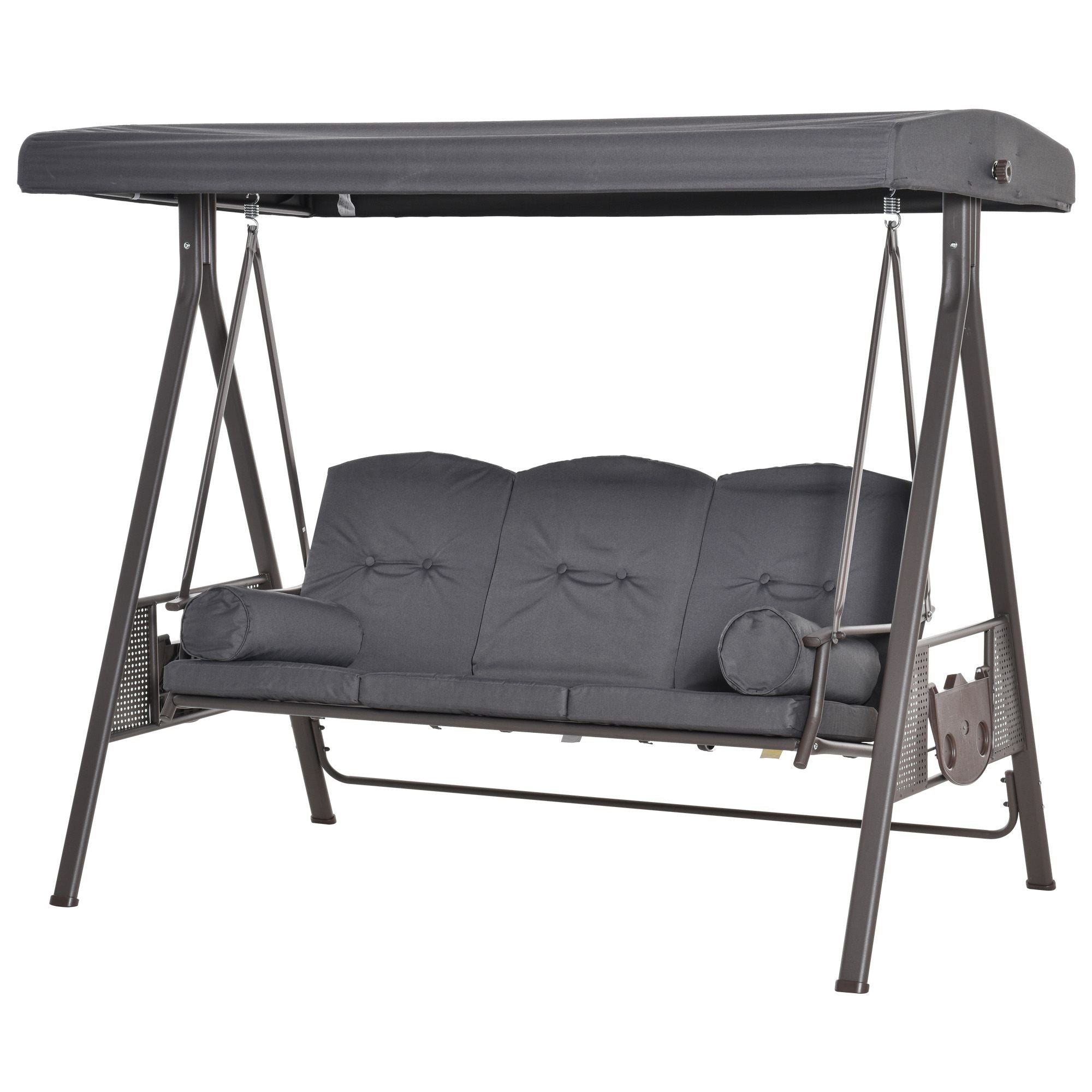 Outsunny 3 Seater Porch Swing Heavy Duty Outdoor Swing Chair Outdoor Lounge Hammock Cushioned Seat w/ Tilt Canopy, Dark Grey