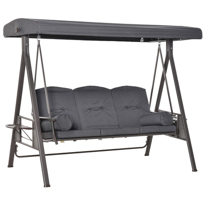 Outsunny 3 Seater Porch Swing Heavy Duty Outdoor Swing Chair Outdoor Lounge Hammock Cushioned Seat w/ Tilt Canopy, Dark Grey