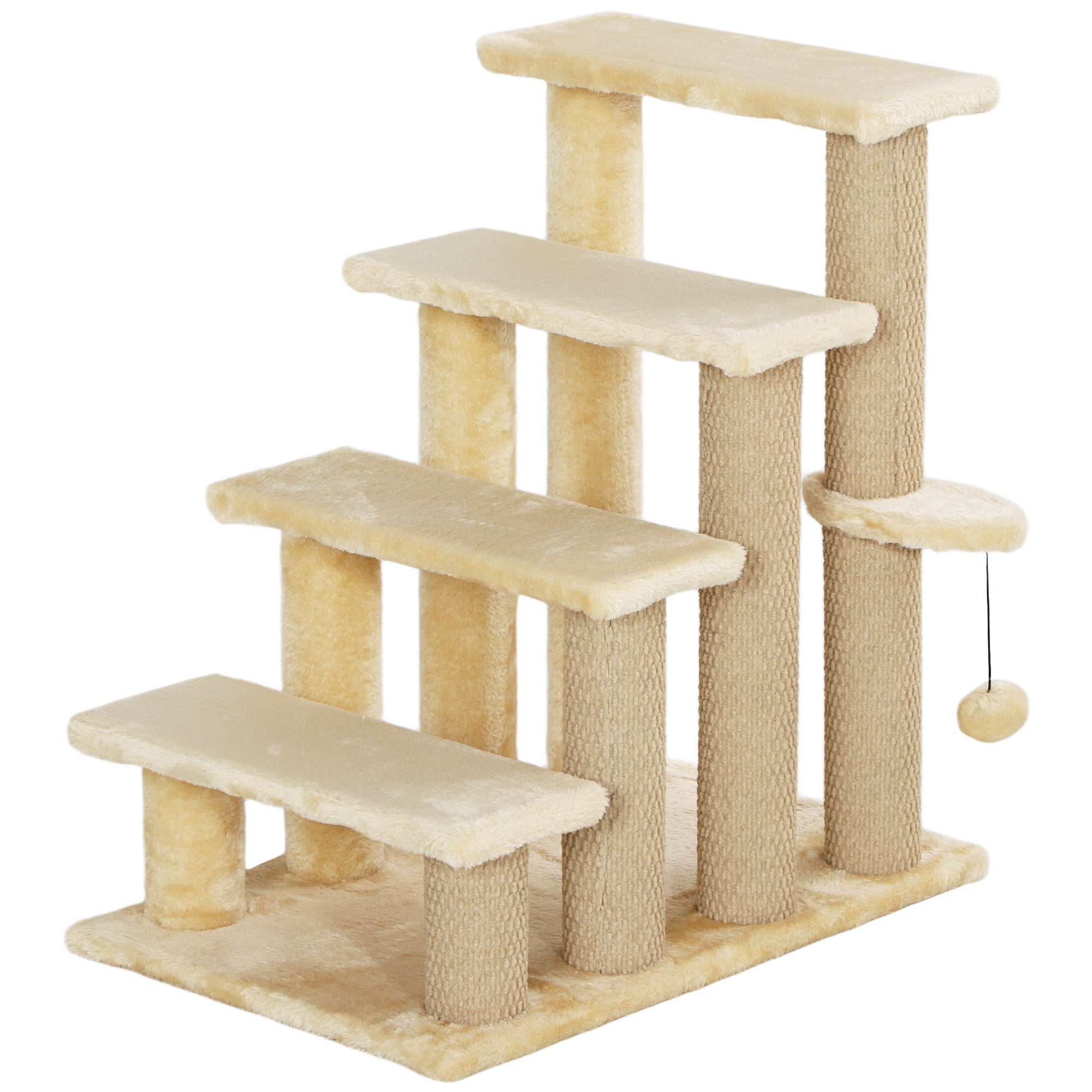 PawHut Cat Stairs, 2 in 1 Cat Tree Tower Pet Steps with Scratching Posts, Hanging Toy Ball, 4-Step Cat Climbing Tower for High Bed, Sofa, Indoor Use, Beige