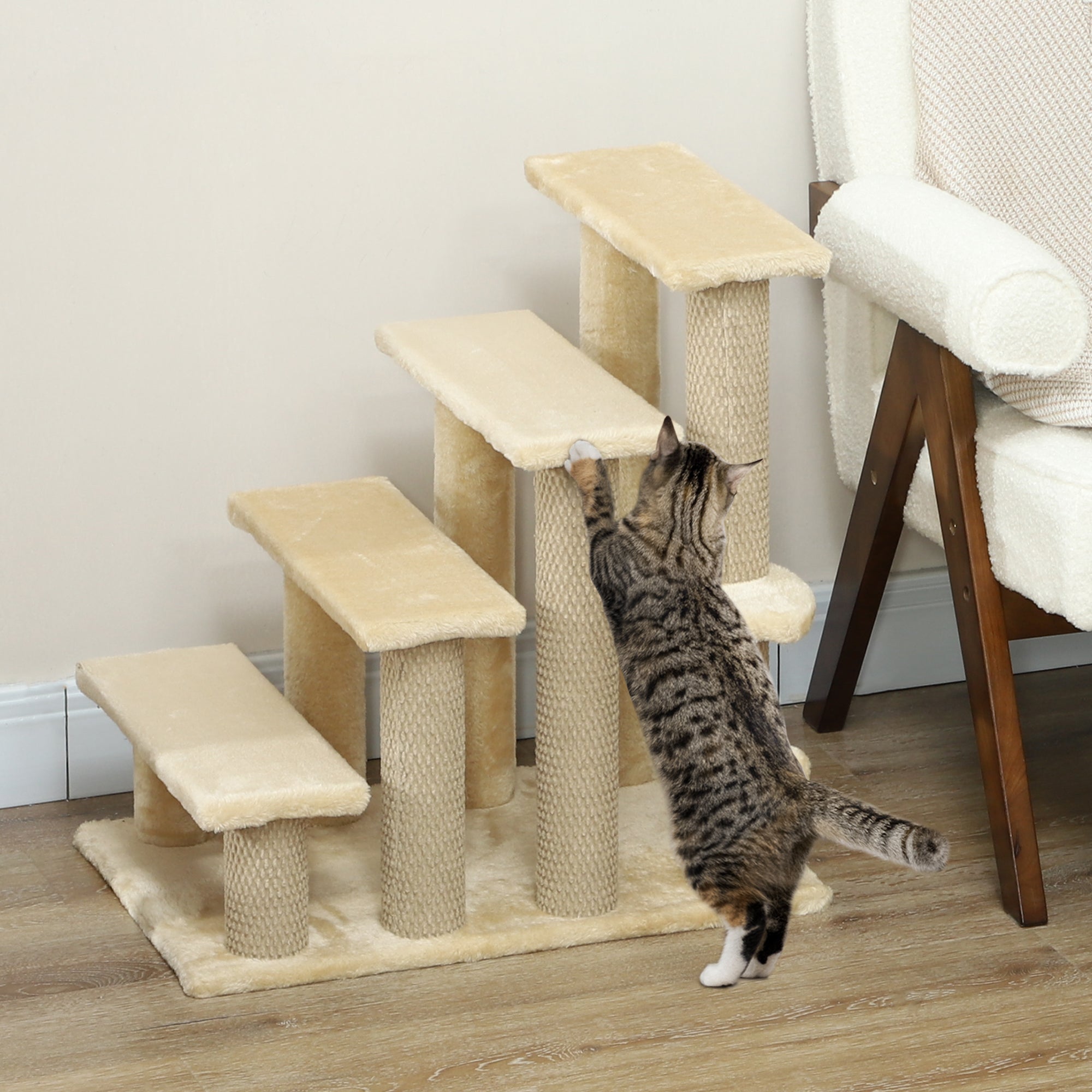 PawHut Cat Stairs, 2 in 1 Cat Tree Tower Pet Steps with Scratching Posts, Hanging Toy Ball, 4-Step Cat Climbing Tower for High Bed, Sofa, Indoor Use, Beige