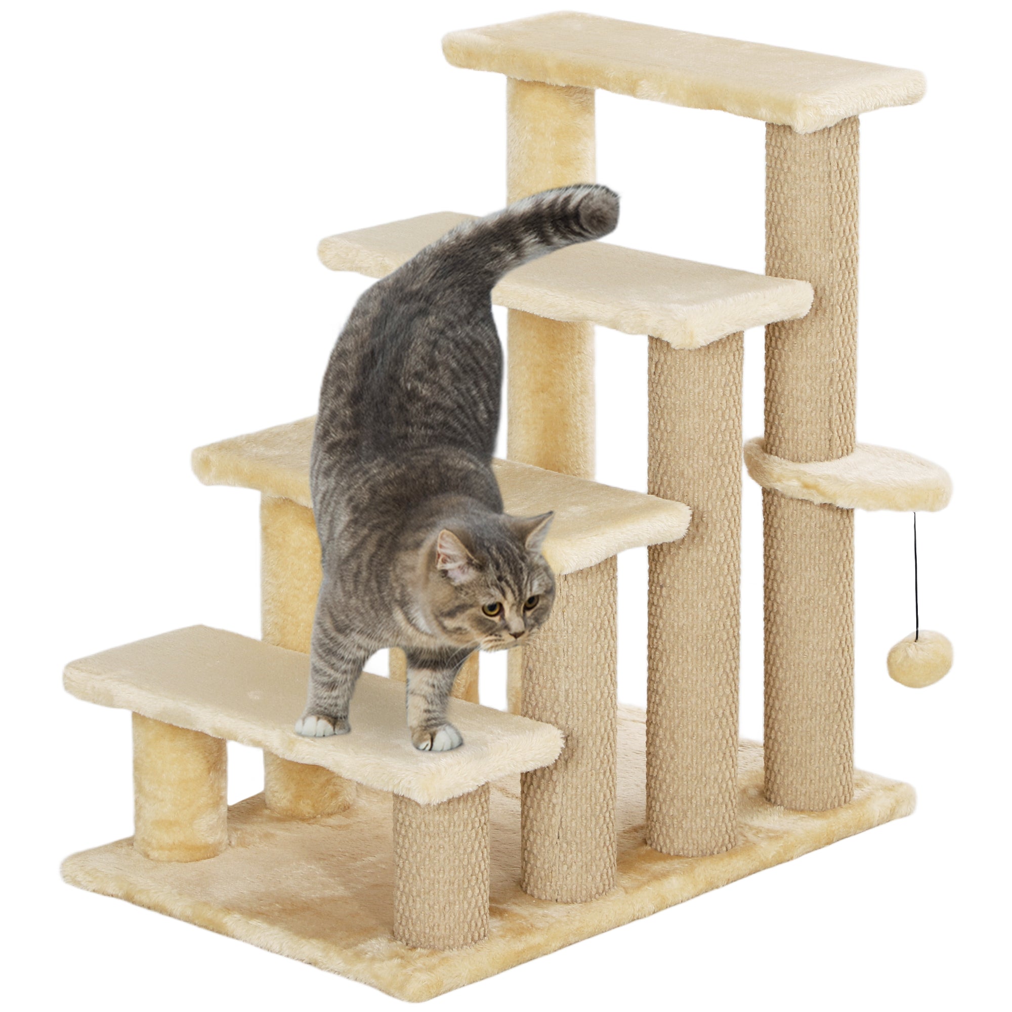 PawHut Cat Stairs, 2 in 1 Cat Tree Tower Pet Steps with Scratching Posts, Hanging Toy Ball, 4-Step Cat Climbing Tower for High Bed, Sofa, Indoor Use, Beige