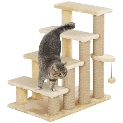 PawHut Cat Stairs, 2 in 1 Cat Tree Tower Pet Steps with Scratching Posts, Hanging Toy Ball, 4-Step Cat Climbing Tower for High Bed, Sofa, Indoor Use, Beige