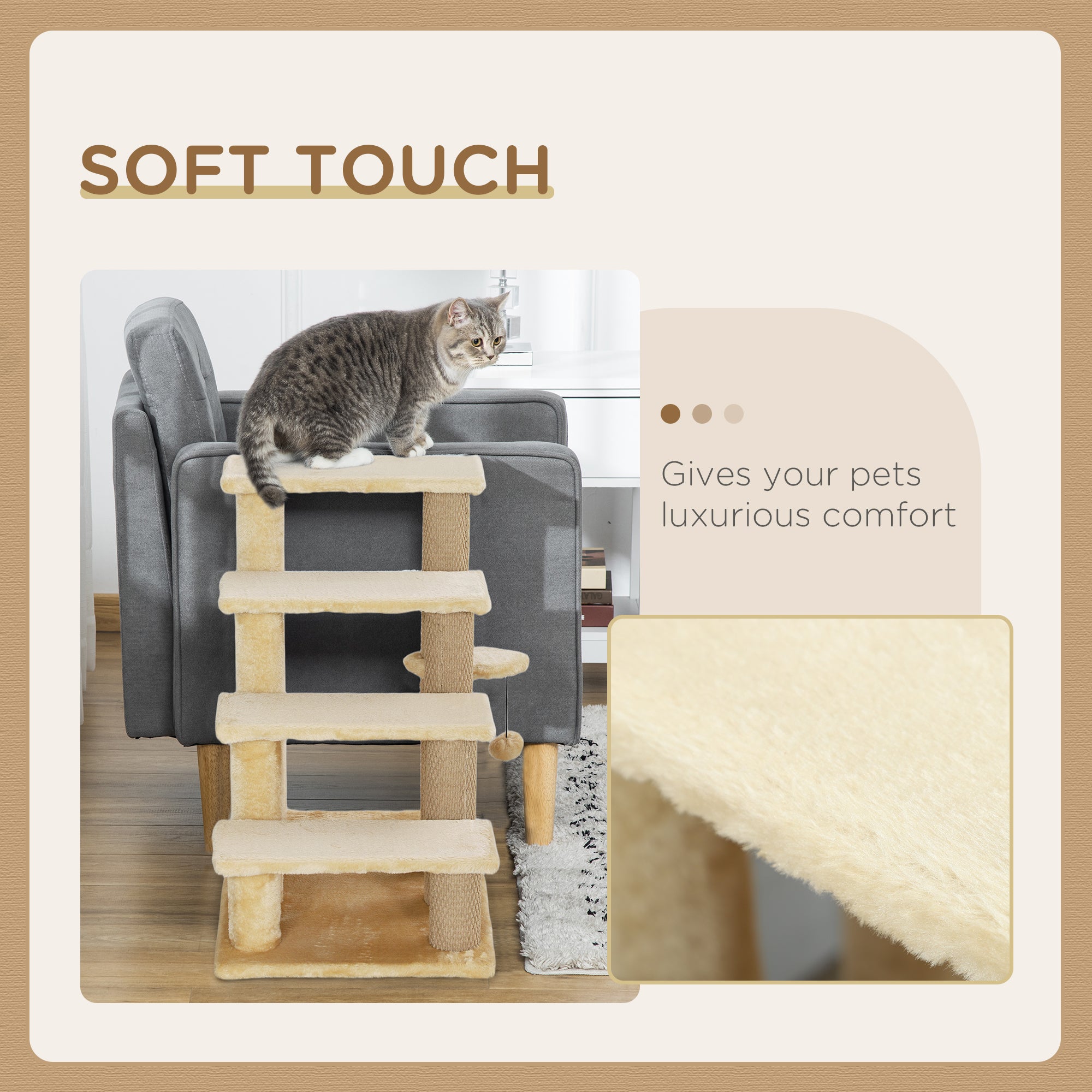 PawHut Cat Stairs, 2 in 1 Cat Tree Tower Pet Steps with Scratching Posts, Hanging Toy Ball, 4-Step Cat Climbing Tower for High Bed, Sofa, Indoor Use, Beige