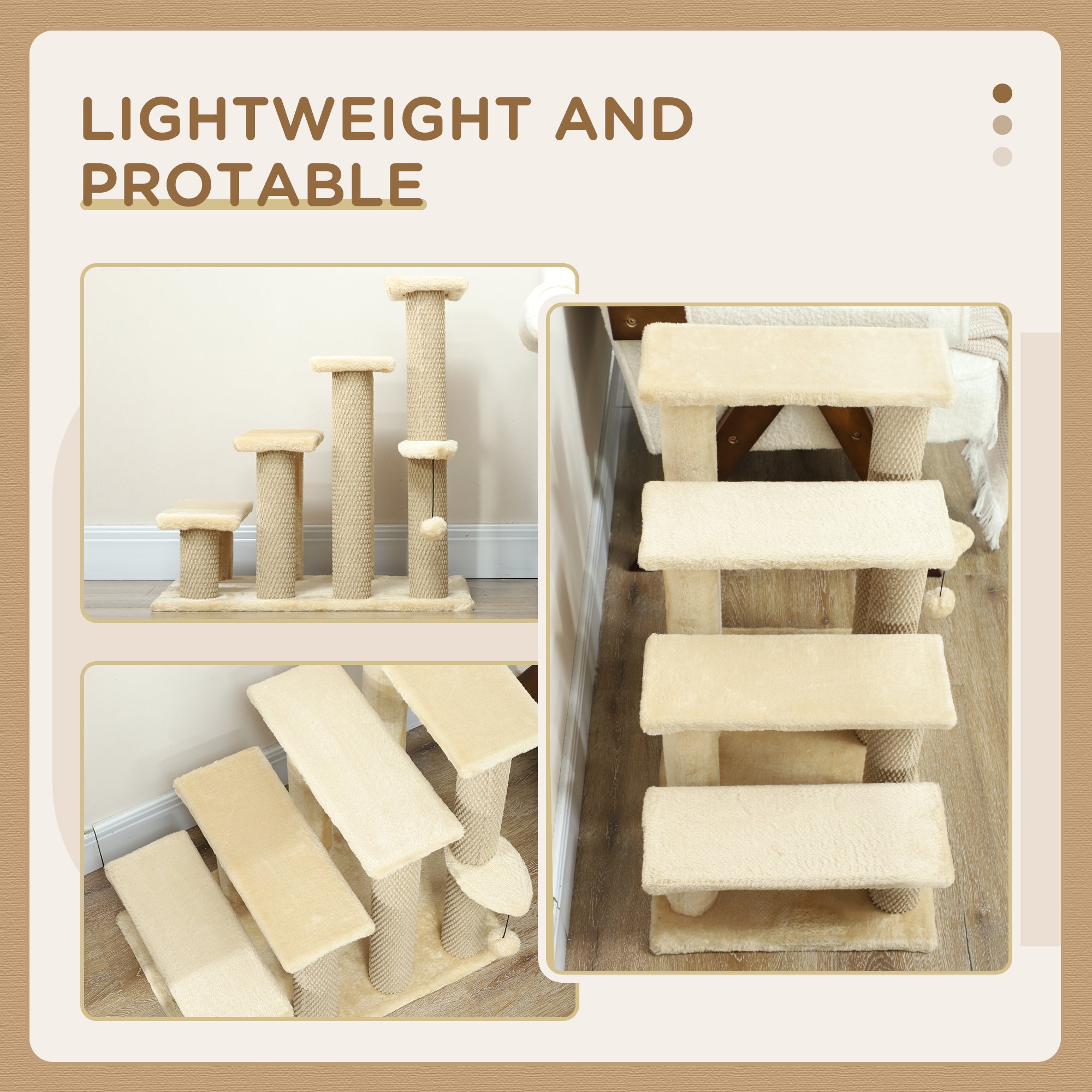 PawHut Cat Stairs, 2 in 1 Cat Tree Tower Pet Steps with Scratching Posts, Hanging Toy Ball, 4-Step Cat Climbing Tower for High Bed, Sofa, Indoor Use, Beige