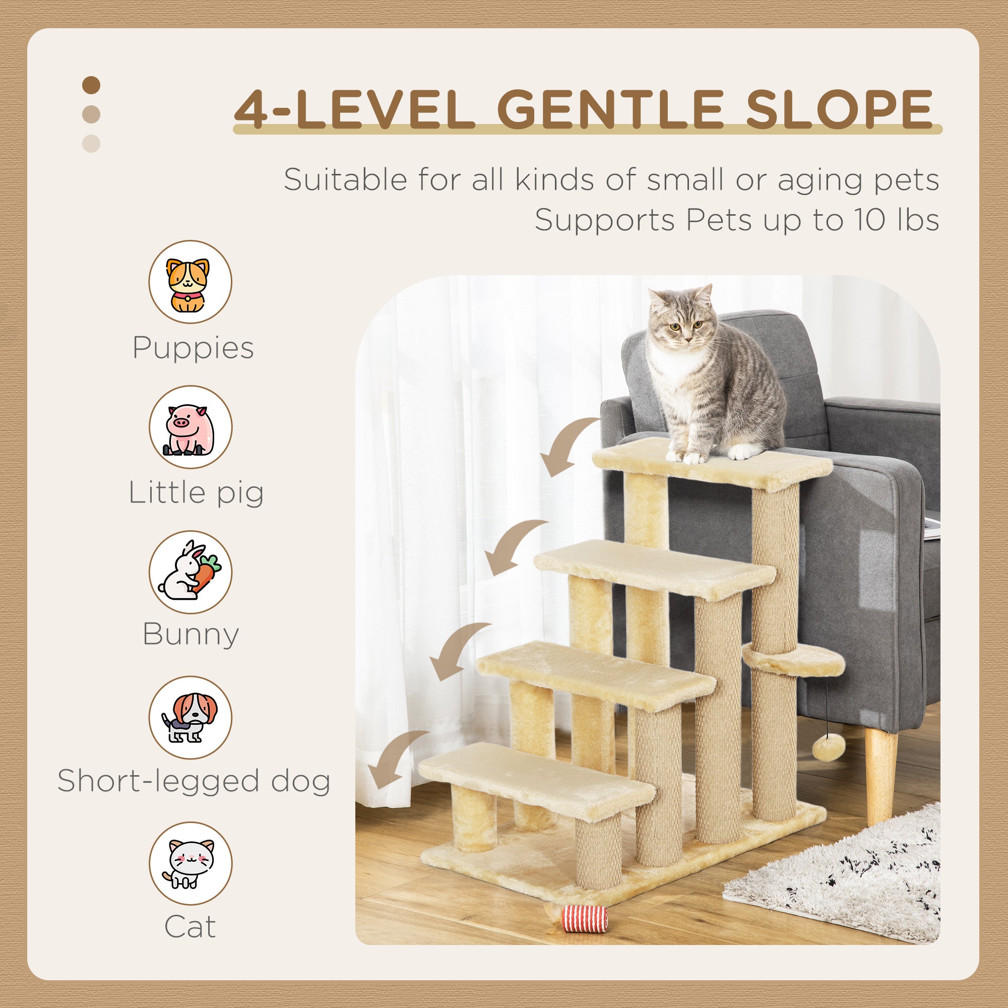 PawHut Cat Stairs, 2 in 1 Cat Tree Tower Pet Steps with Scratching Posts, Hanging Toy Ball, 4-Step Cat Climbing Tower for High Bed, Sofa, Indoor Use, Beige