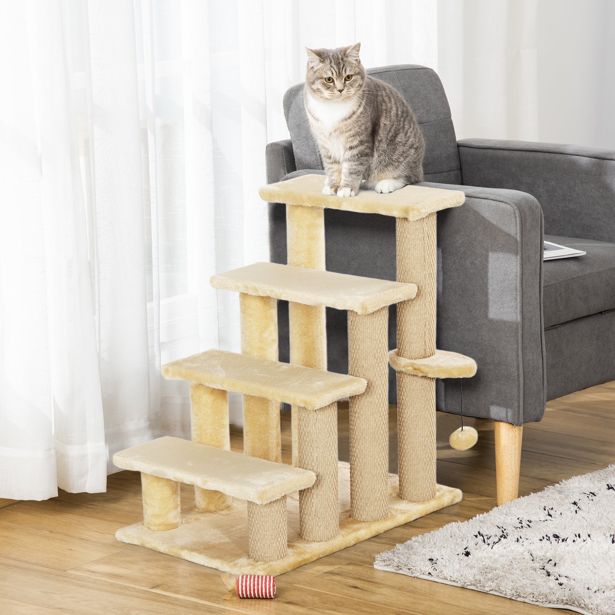 PawHut Cat Stairs, 2 in 1 Cat Tree Tower Pet Steps with Scratching Posts, Hanging Toy Ball, 4-Step Cat Climbing Tower for High Bed, Sofa, Indoor Use, Beige