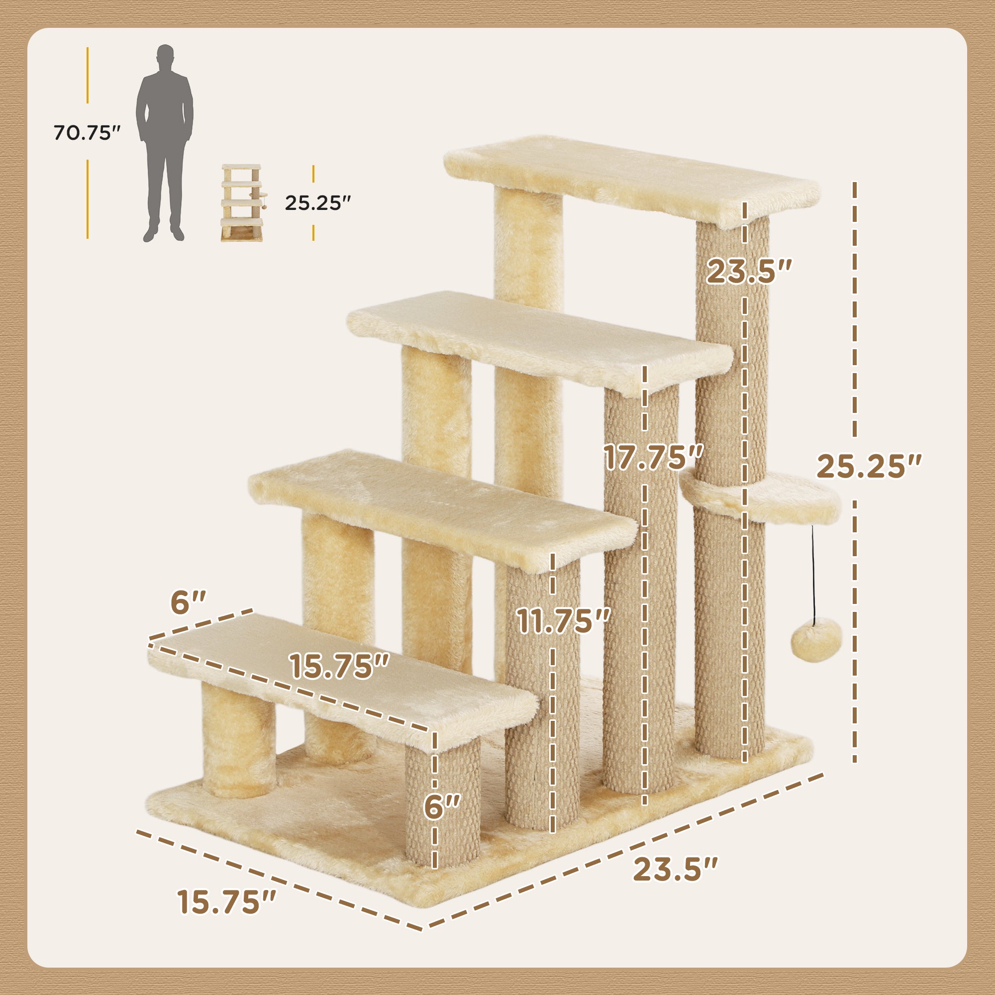 PawHut Cat Stairs, 2 in 1 Cat Tree Tower Pet Steps with Scratching Posts, Hanging Toy Ball, 4-Step Cat Climbing Tower for High Bed, Sofa, Indoor Use, Beige