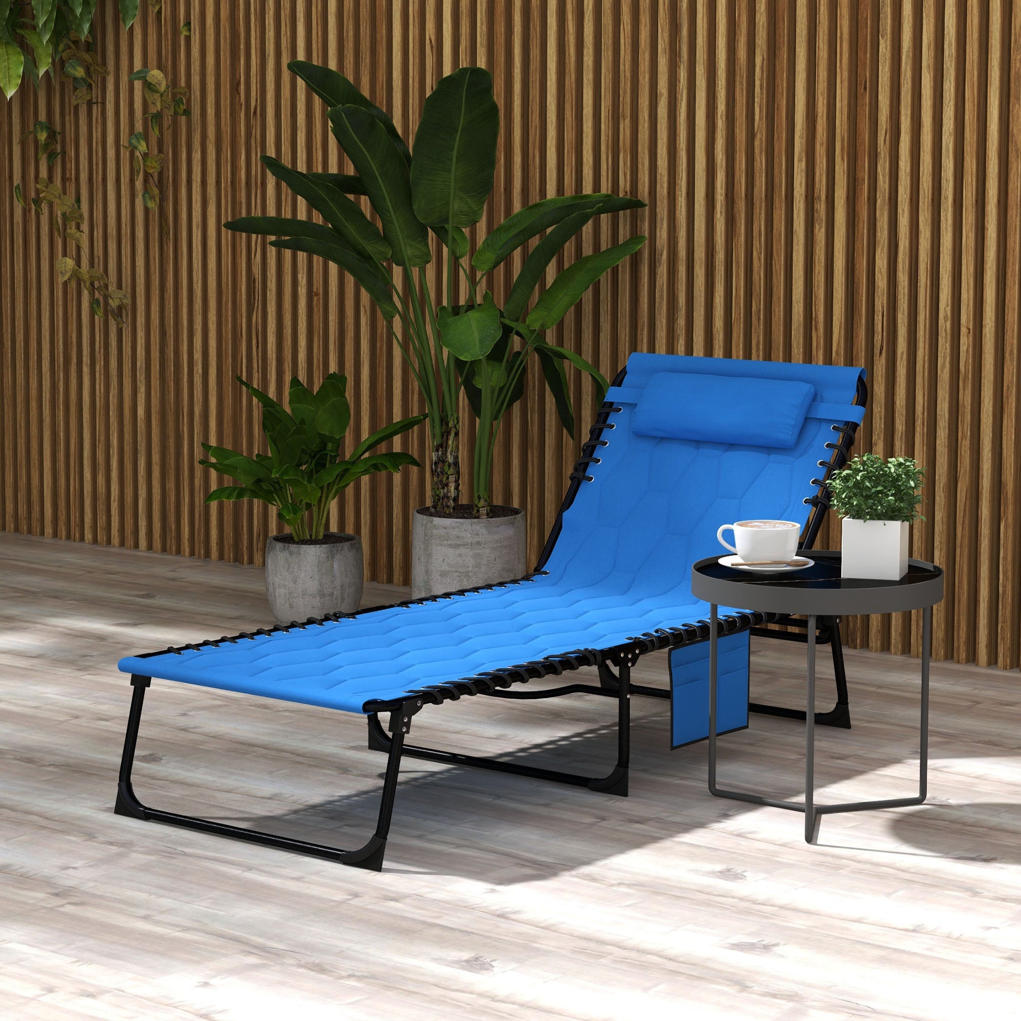 Outsunny Folding Chaise Lounge with 5-level Reclining Back, Outdoor Tanning Chair with Build-in Padded Seat, Outdoor Lounge Chair with Side Pocket, Headrest, Blue