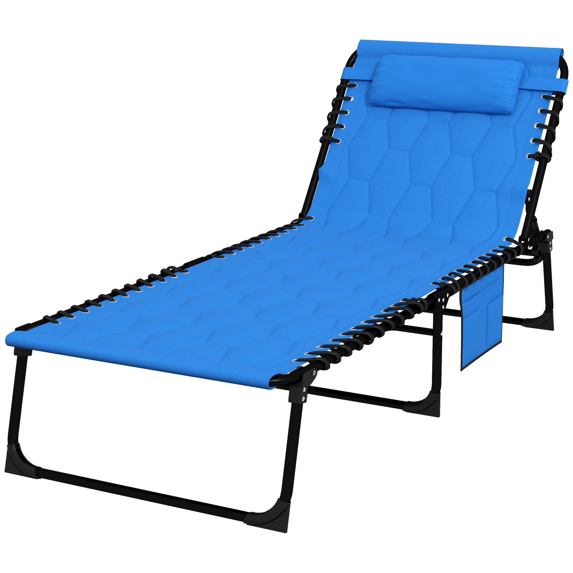 Outsunny Folding Chaise Lounge with 5-level Reclining Back, Outdoor Tanning Chair with Build-in Padded Seat, Outdoor Lounge Chair with Side Pocket, Headrest, Blue