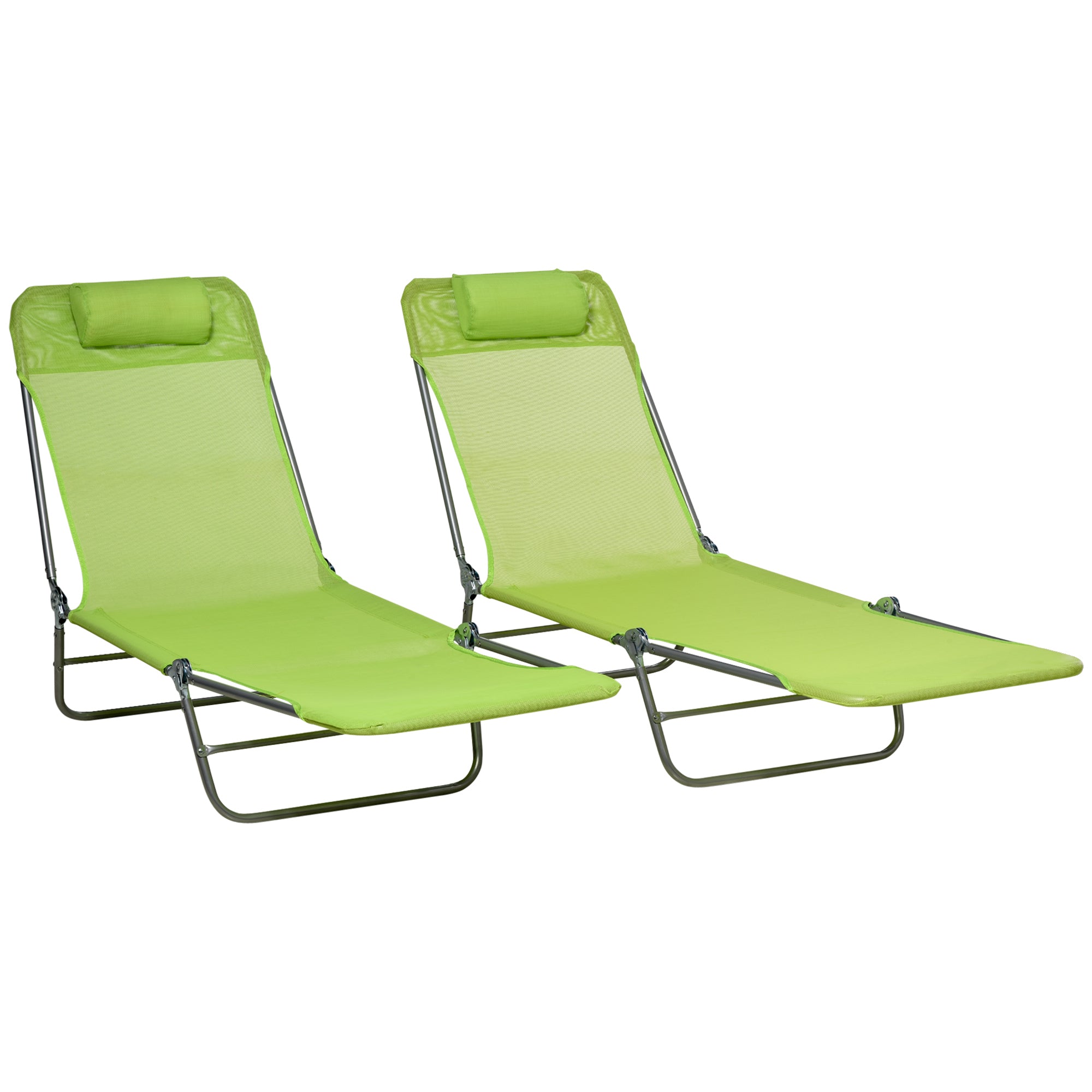 Outsunny  Set of 2 Folding Chaise Lounge Pool Chairs, Outdoor Sun Tanning Chairs with Pillow, Reclining Back, Steel Frame & Breathable Mesh for Beach, Yard, Patio, Green