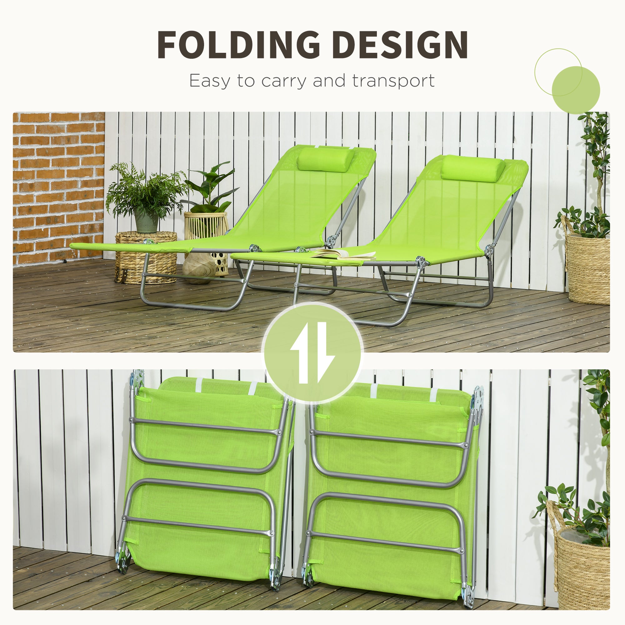 Outsunny  Set of 2 Folding Chaise Lounge Pool Chairs, Outdoor Sun Tanning Chairs with Pillow, Reclining Back, Steel Frame & Breathable Mesh for Beach, Yard, Patio, Green