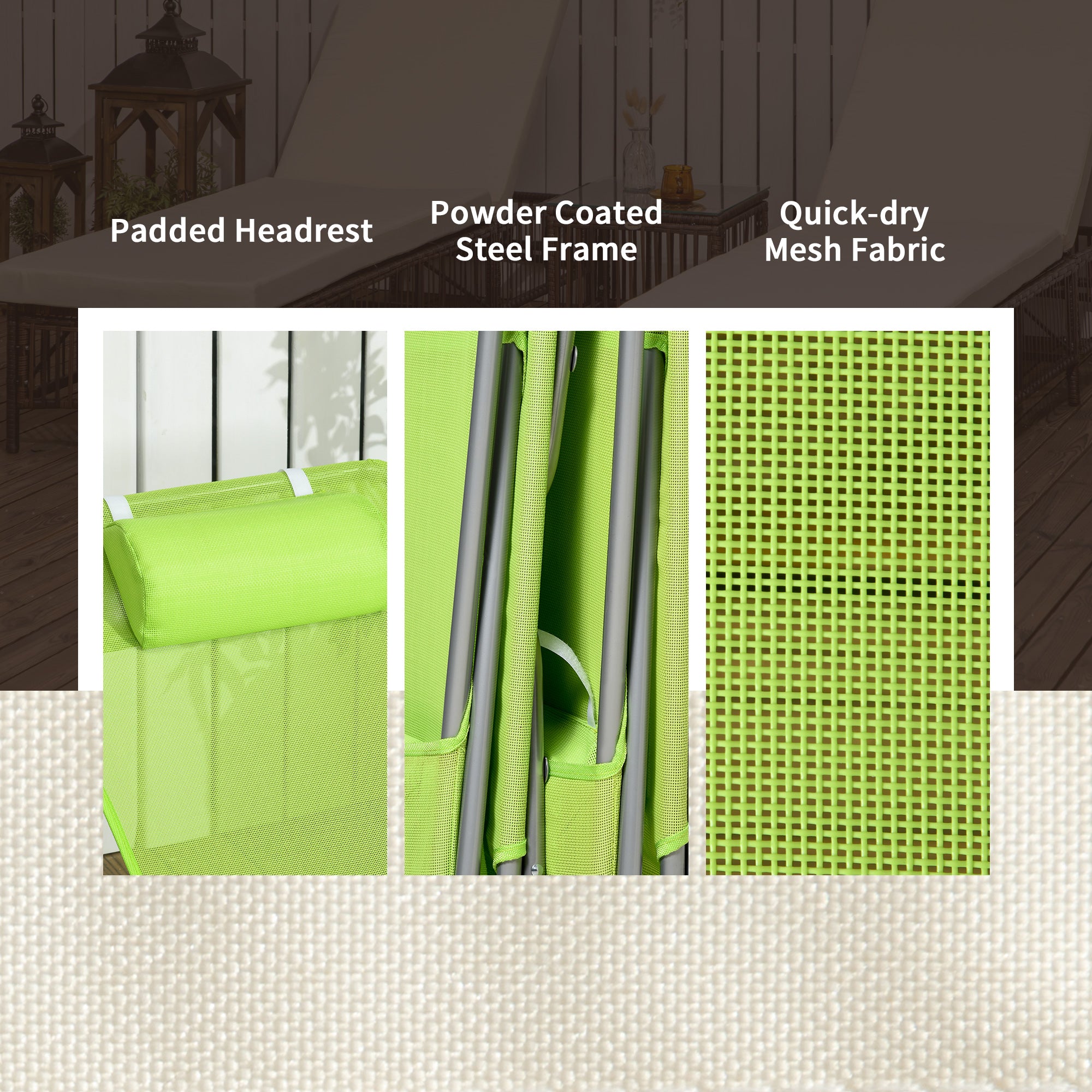 Outsunny  Set of 2 Folding Chaise Lounge Pool Chairs, Outdoor Sun Tanning Chairs with Pillow, Reclining Back, Steel Frame & Breathable Mesh for Beach, Yard, Patio, Green