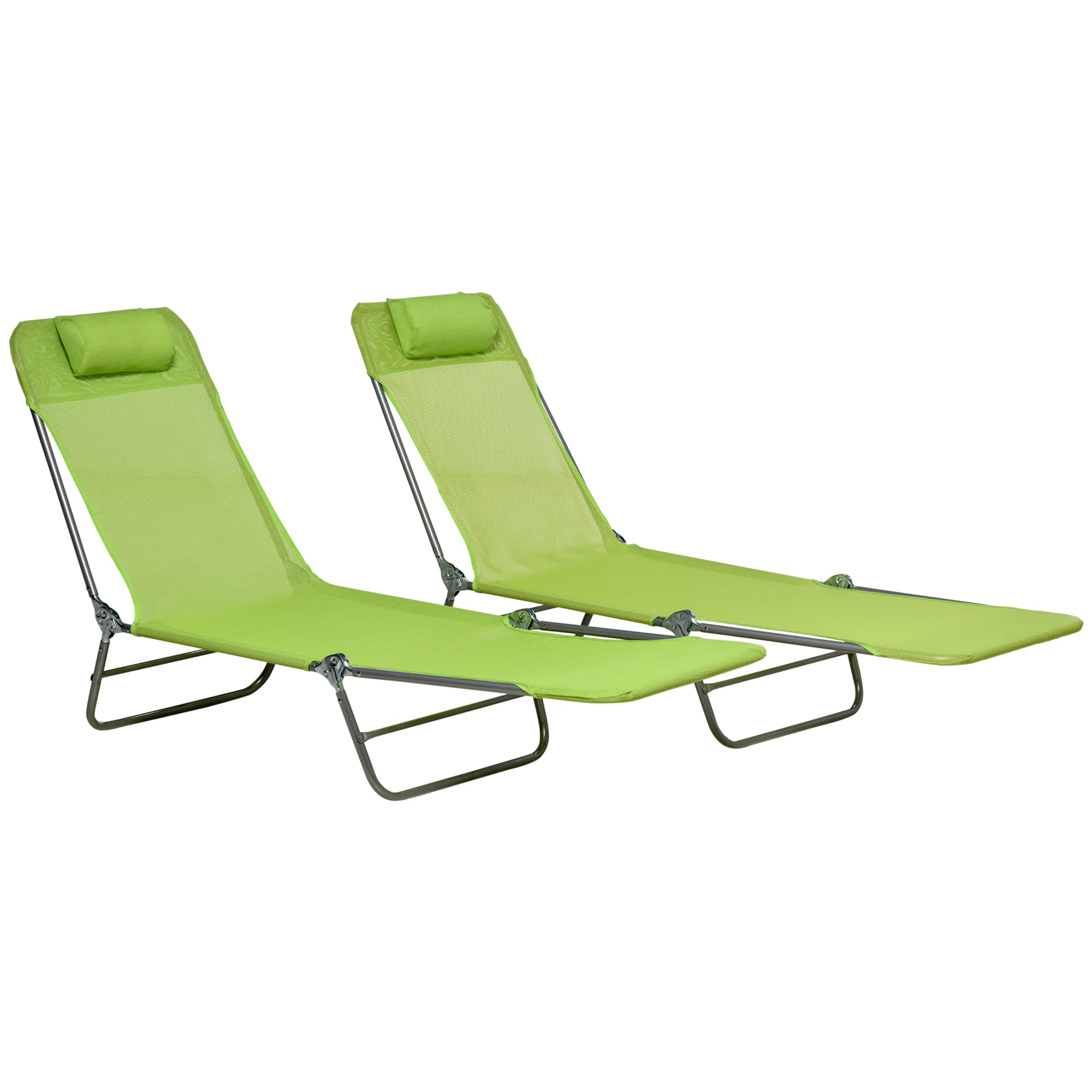 Outsunny  Set of 2 Folding Chaise Lounge Pool Chairs, Outdoor Sun Tanning Chairs with Pillow, Reclining Back, Steel Frame & Breathable Mesh for Beach, Yard, Patio, Green