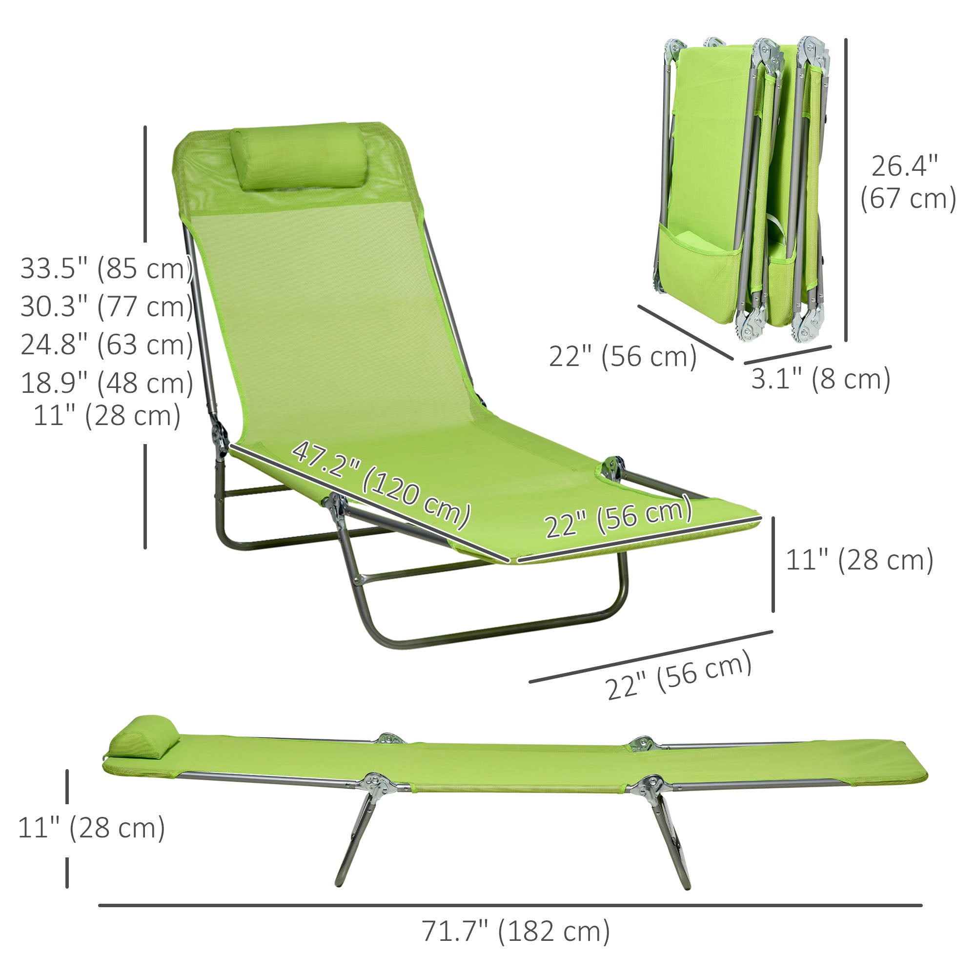 Outsunny  Set of 2 Folding Chaise Lounge Pool Chairs, Outdoor Sun Tanning Chairs with Pillow, Reclining Back, Steel Frame & Breathable Mesh for Beach, Yard, Patio, Green