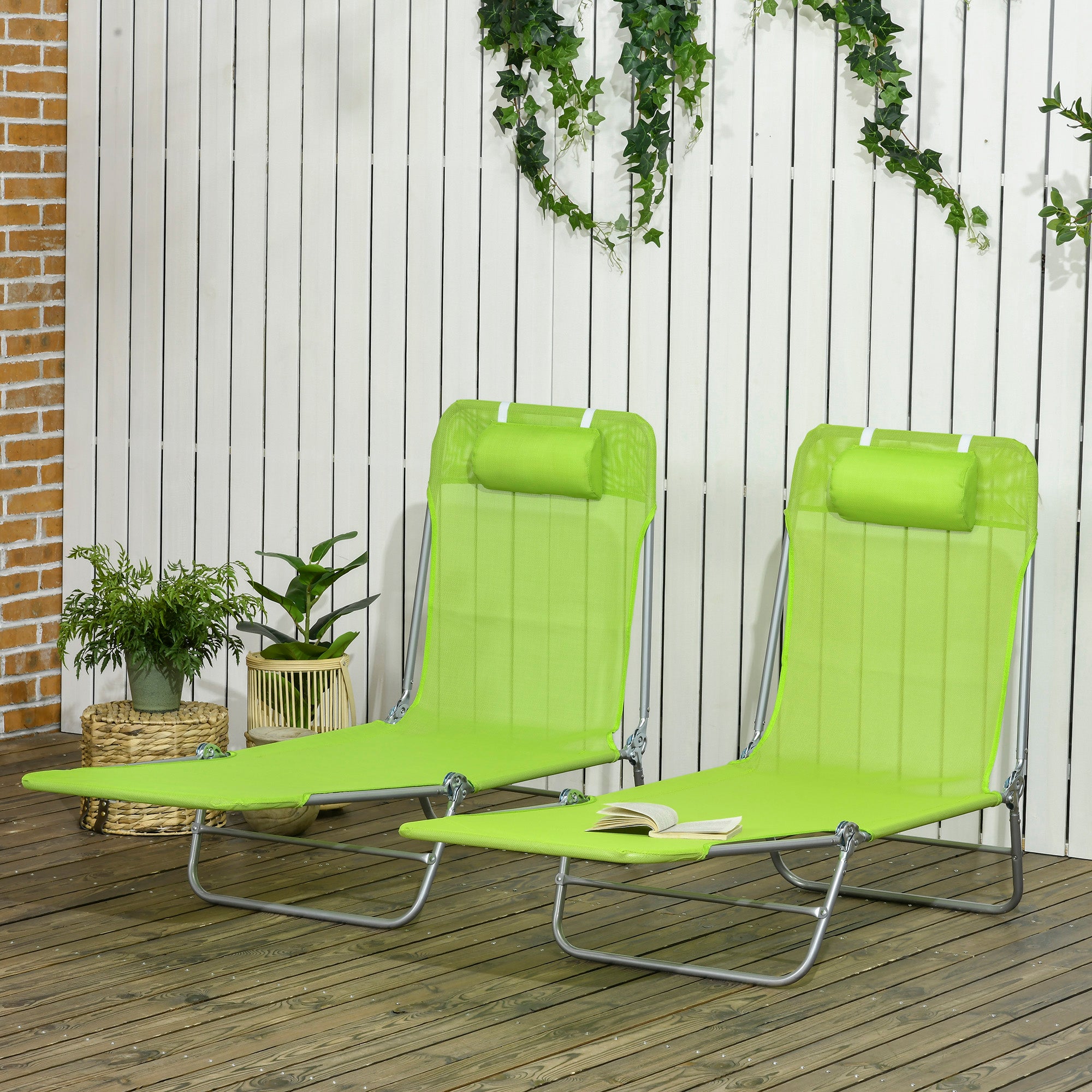Outsunny  Set of 2 Folding Chaise Lounge Pool Chairs, Outdoor Sun Tanning Chairs with Pillow, Reclining Back, Steel Frame & Breathable Mesh for Beach, Yard, Patio, Green