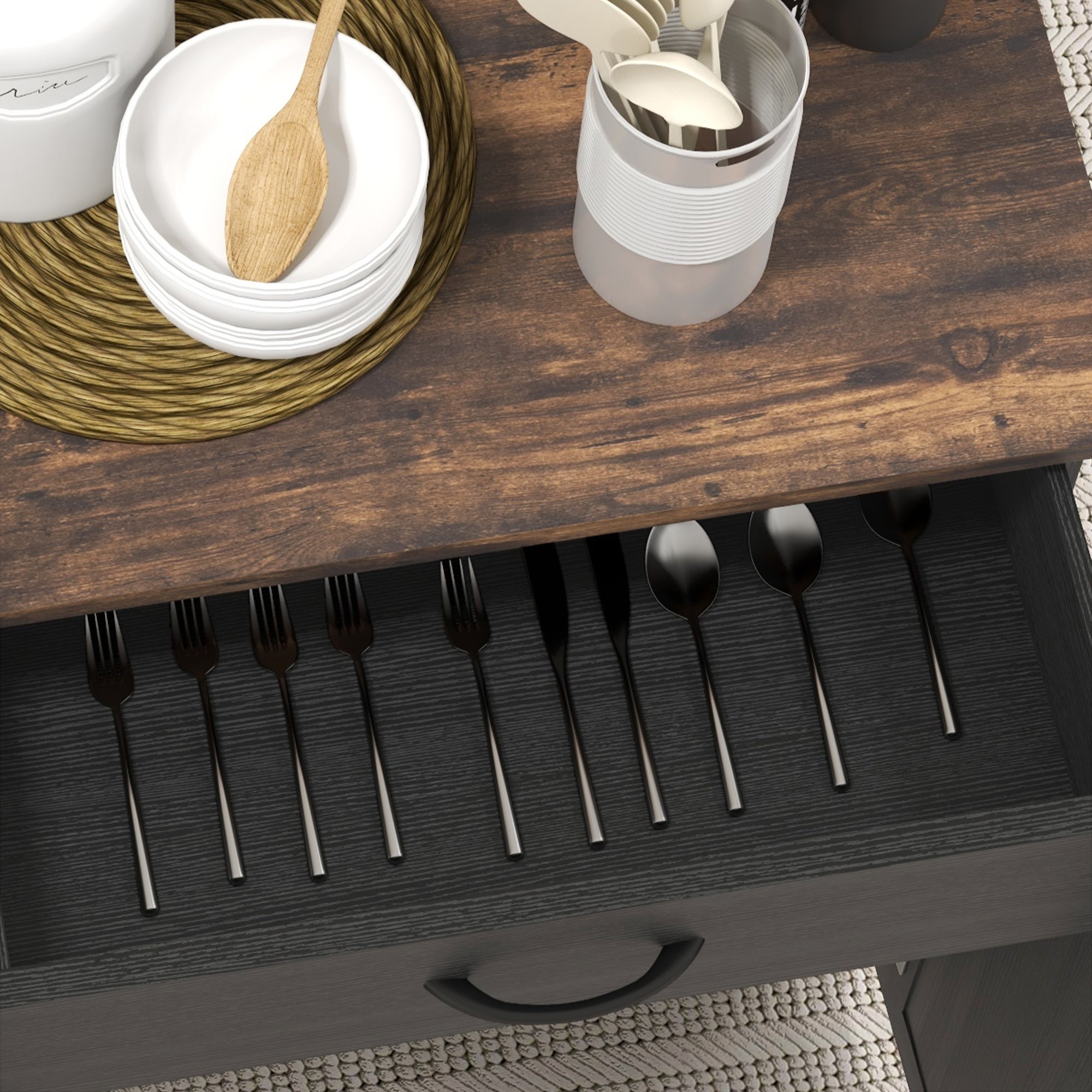 HOMCOM Kitchen Island with Storage, Rolling Kitchen Cart with Rubberwood Top, Drawer, Spice Rack, Towel Rack, Cabinet and Adjustable Shelf (Distressed Black)