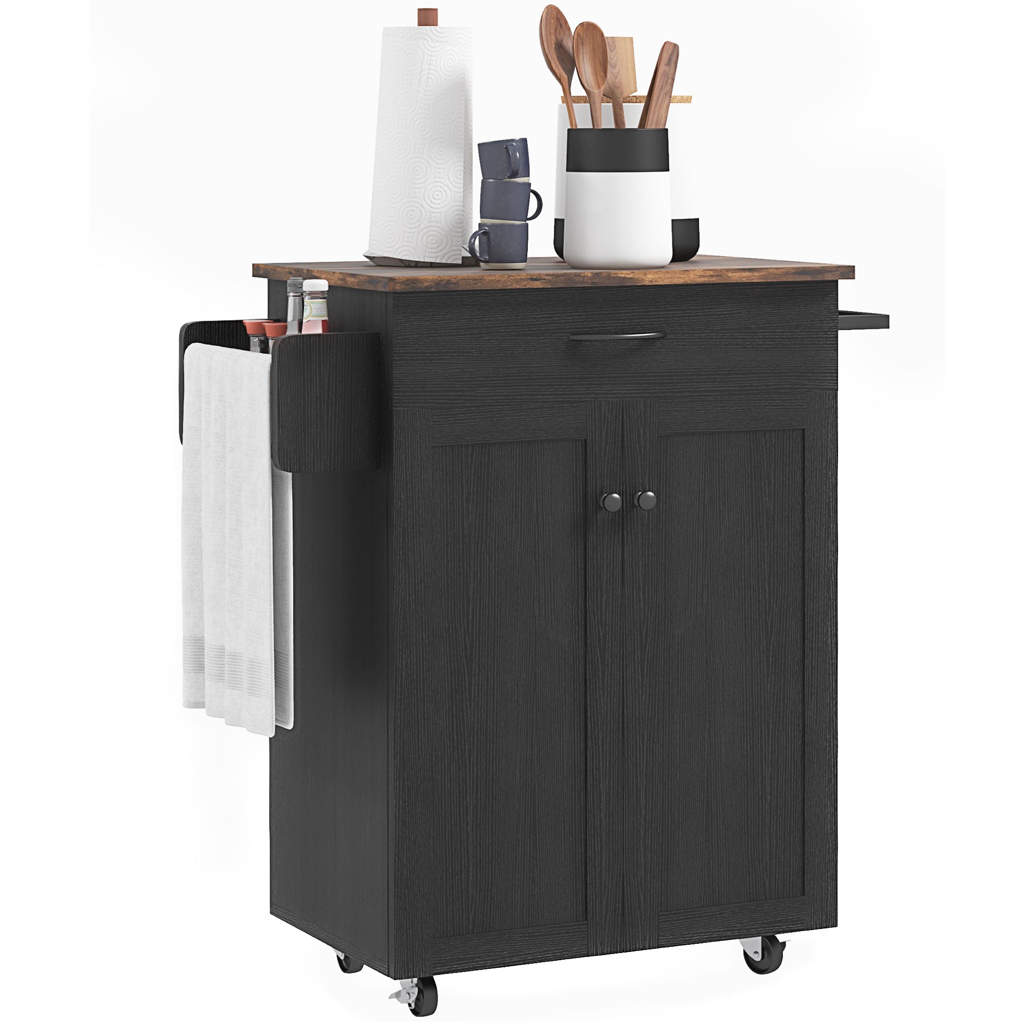 HOMCOM Kitchen Island with Storage, Rolling Kitchen Cart with Rubberwood Top, Drawer, Spice Rack, Towel Rack, Cabinet and Adjustable Shelf (Distressed Black)