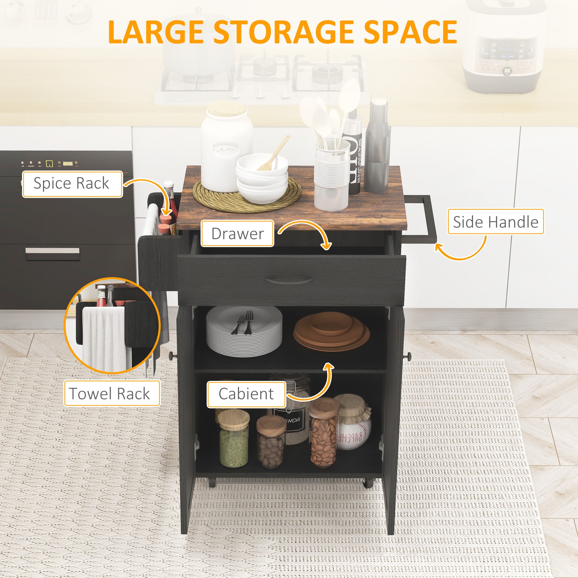 HOMCOM Kitchen Island with Storage, Rolling Kitchen Cart with Rubberwood Top, Drawer, Spice Rack, Towel Rack, Cabinet and Adjustable Shelf (Distressed Black)