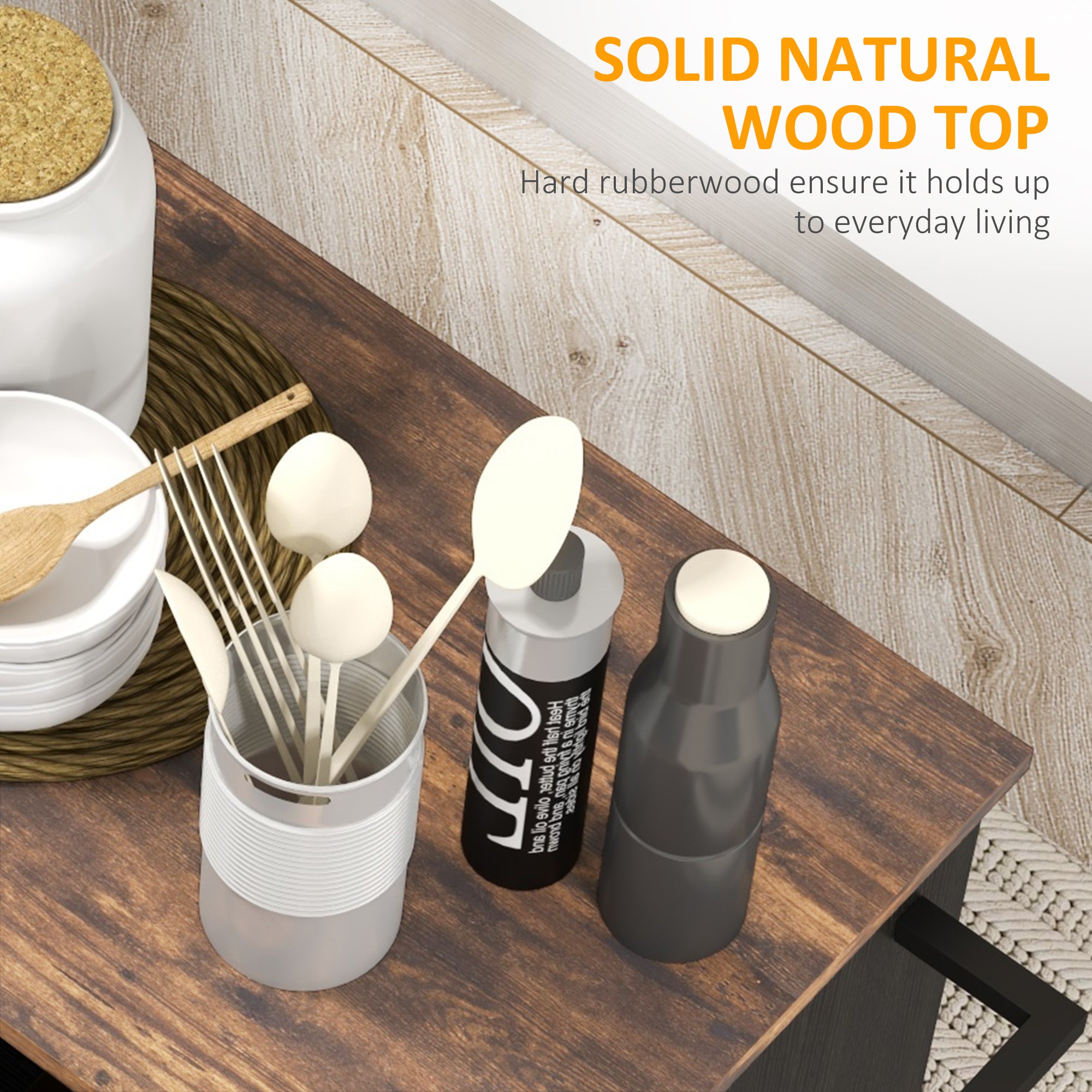 HOMCOM Kitchen Island with Storage, Rolling Kitchen Cart with Rubberwood Top, Drawer, Spice Rack, Towel Rack, Cabinet and Adjustable Shelf (Distressed Black)