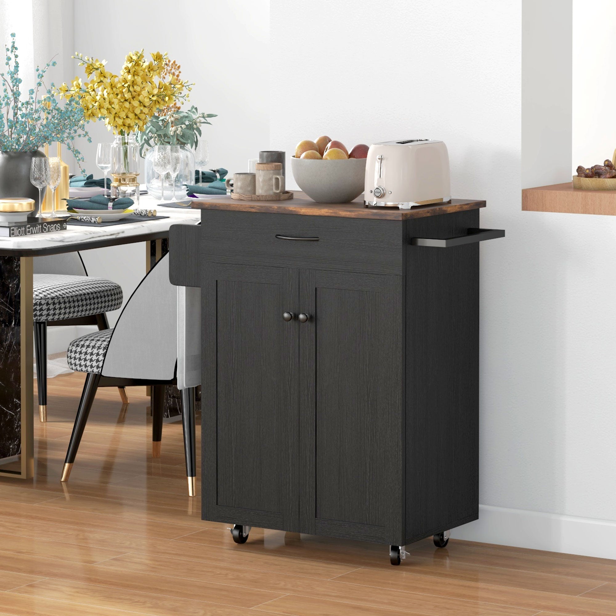 HOMCOM Kitchen Island with Storage, Rolling Kitchen Cart with Rubberwood Top, Drawer, Spice Rack, Towel Rack, Cabinet and Adjustable Shelf (Distressed Black)