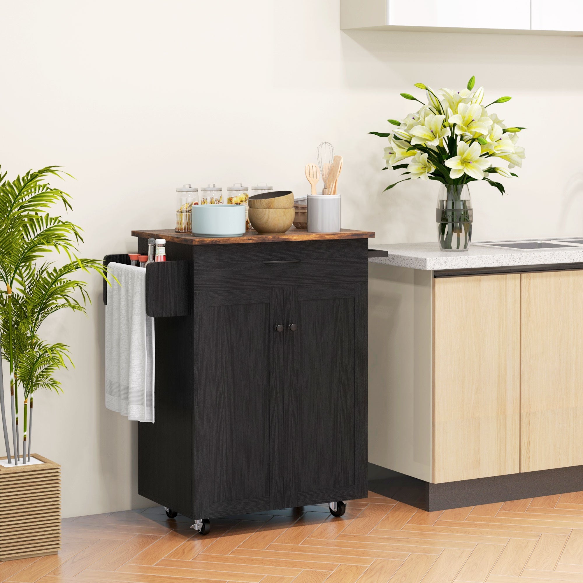 HOMCOM Kitchen Island with Storage, Rolling Kitchen Cart with Rubberwood Top, Drawer, Spice Rack, Towel Rack, Cabinet and Adjustable Shelf (Distressed Black)