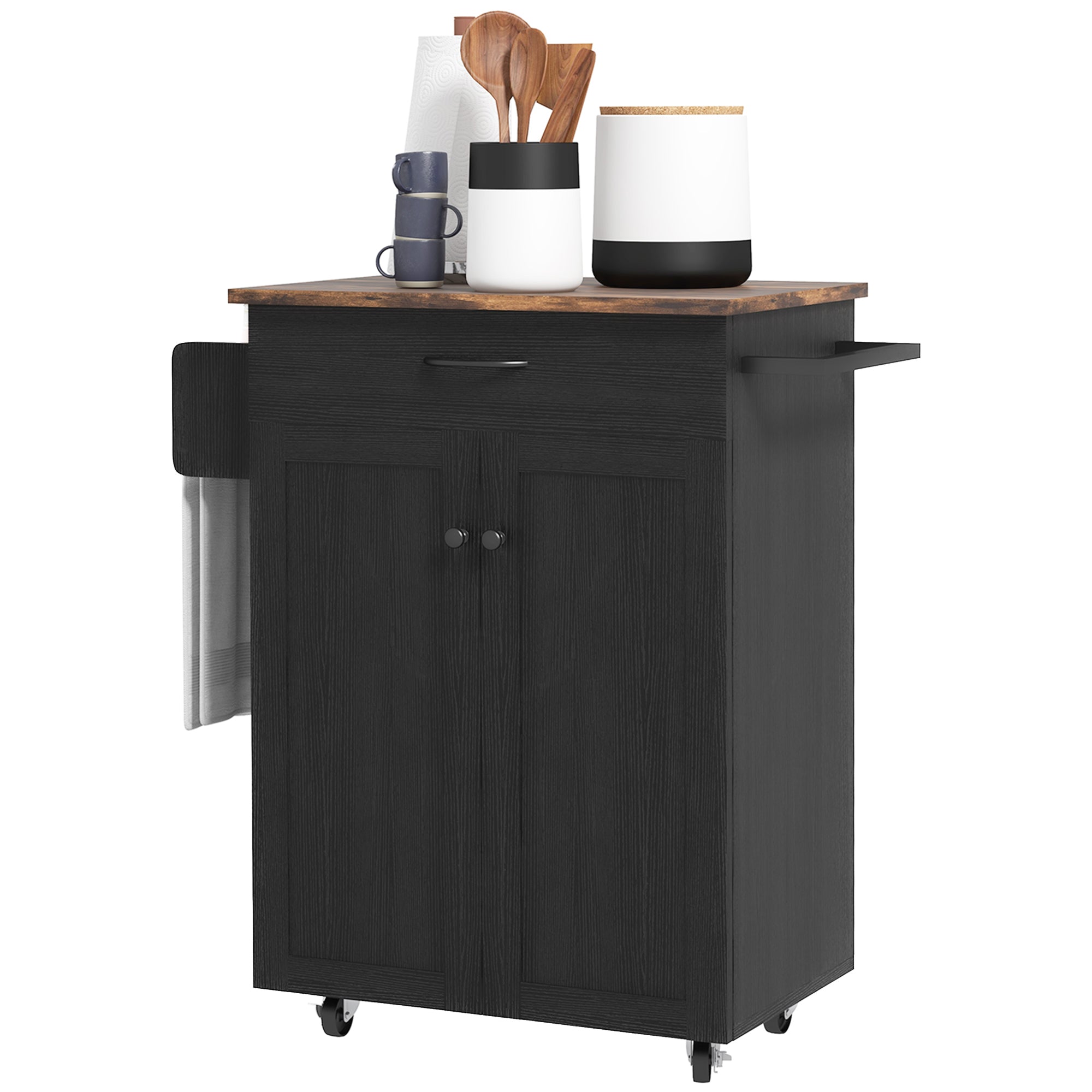 HOMCOM Kitchen Island with Storage, Rolling Kitchen Cart with Rubberwood Top, Drawer, Spice Rack, Towel Rack, Cabinet and Adjustable Shelf (Distressed Black)
