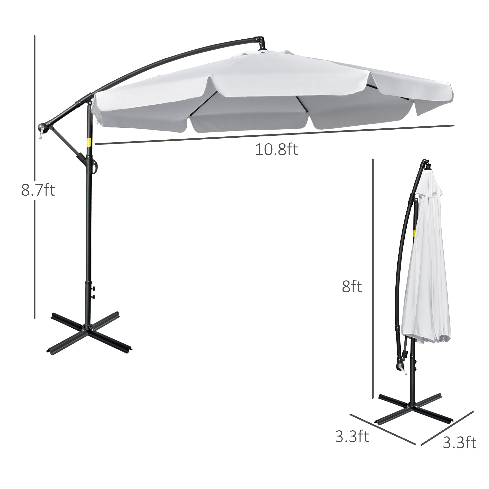 Outsunny 11FT Offset Hanging Patio Umbrella Cantilever Umbrella with Easy Tilt Adjustment, Cross Base and 8 Ribs for Backyard, Poolside, Lawn and Garden, White