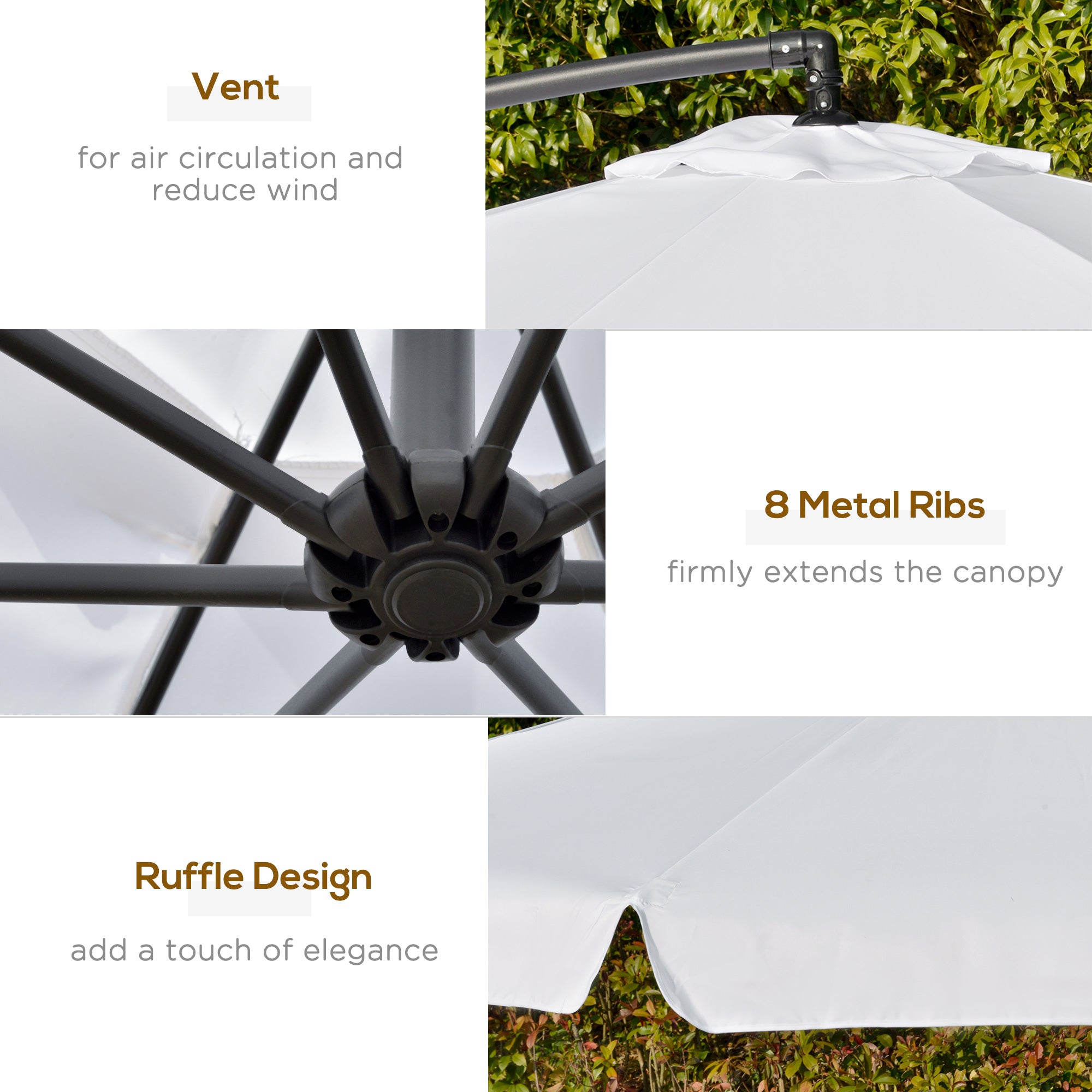 Outsunny 11FT Offset Hanging Patio Umbrella Cantilever Umbrella with Easy Tilt Adjustment, Cross Base and 8 Ribs for Backyard, Poolside, Lawn and Garden, White