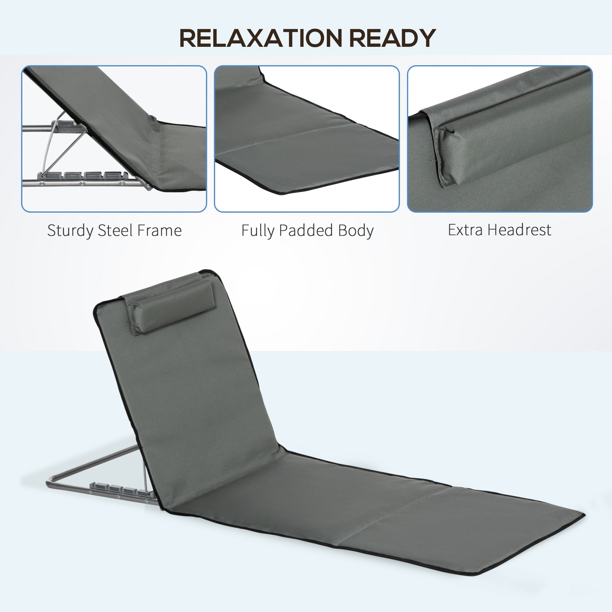 Outsunny Set of 2 Beach Lounge Chair Sun Lounger, Folding Ground Beach Mat w/ Adjustable Back, Steel Frame, Head Pillow and Carry Bag for Backyard Lakeside, Grey