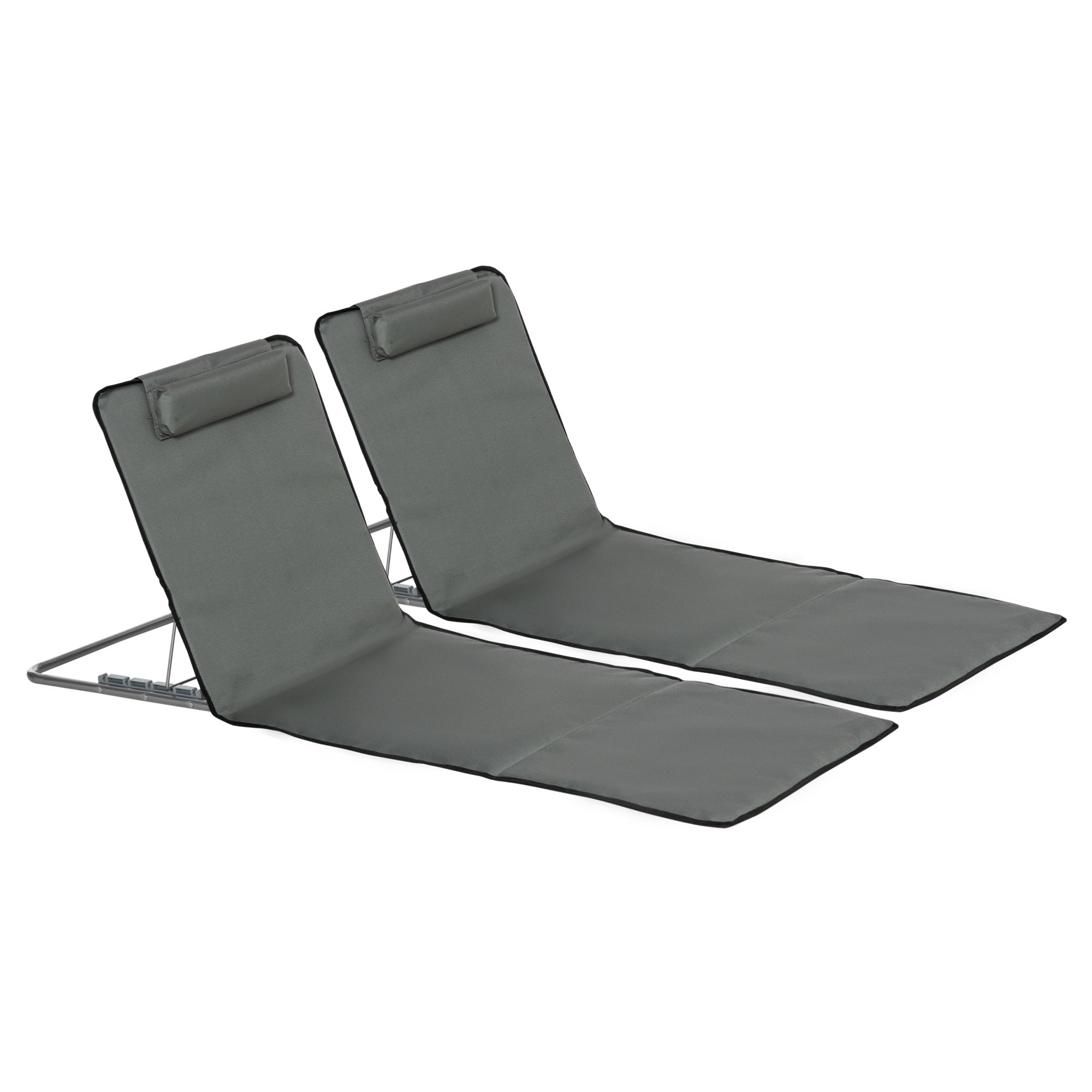 Outsunny Set of 2 Beach Lounge Chair Sun Lounger, Folding Ground Beach Mat w/ Adjustable Back, Steel Frame, Head Pillow and Carry Bag for Backyard Lakeside, Grey