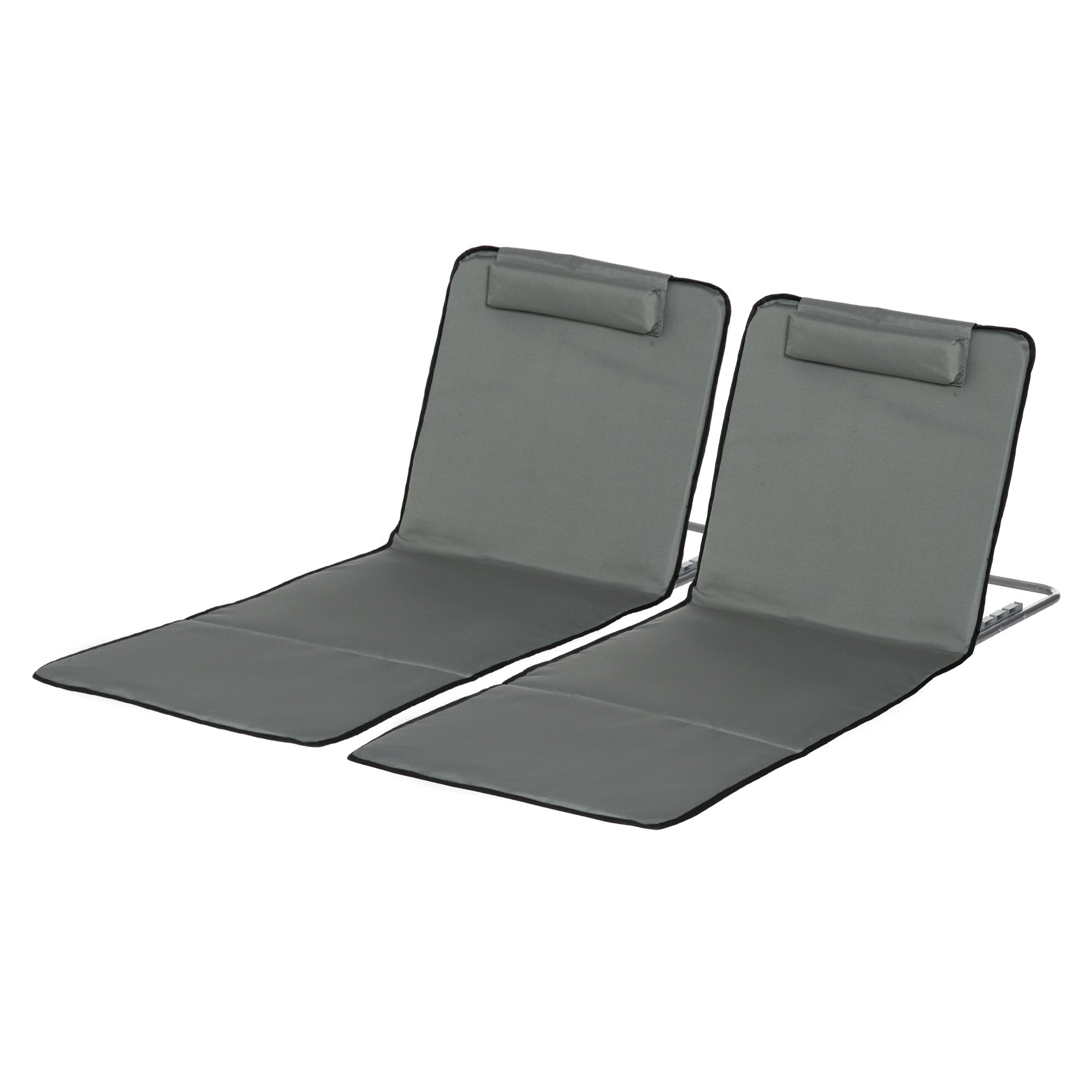 Outsunny Set of 2 Beach Lounge Chair Sun Lounger, Folding Ground Beach Mat w/ Adjustable Back, Steel Frame, Head Pillow and Carry Bag for Backyard Lakeside, Grey