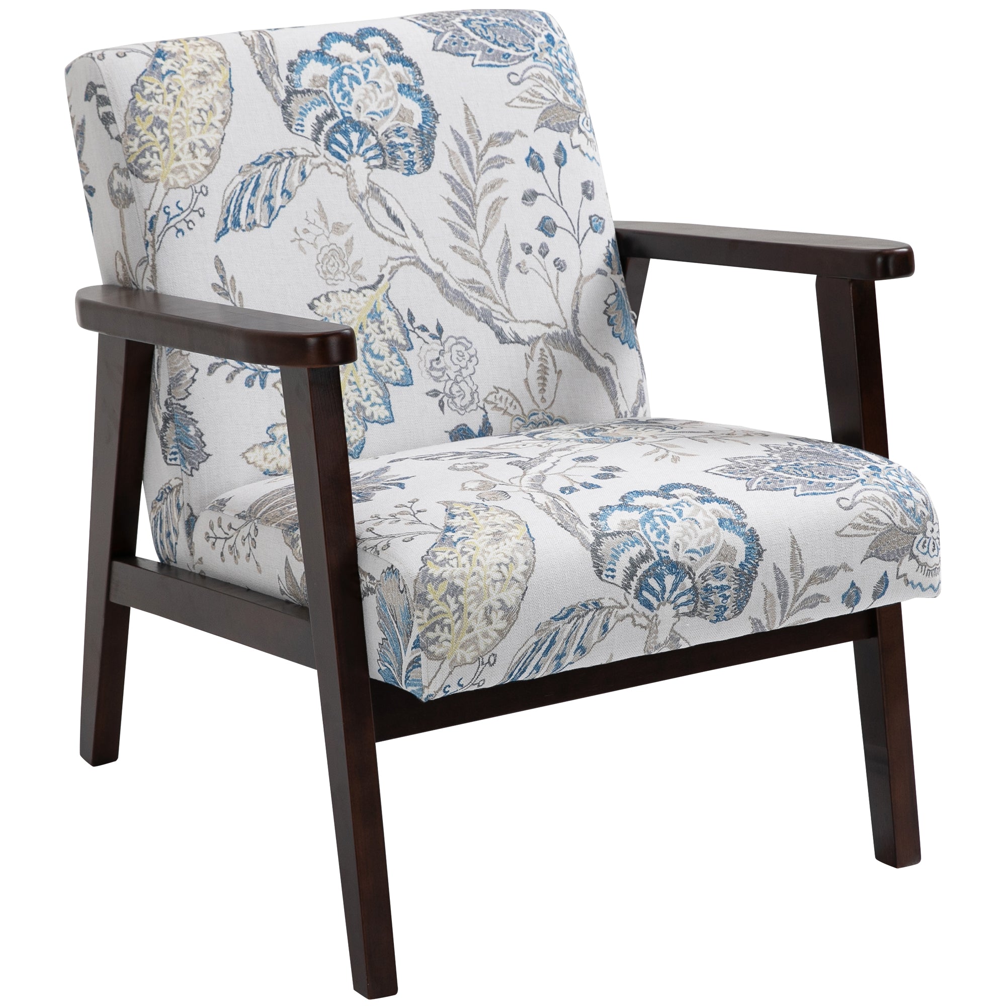 HOMCOM Fabric Accent Chair, Upholstered Armchair, Mid-Century Modern Living Room Chair with Wood Legs and Padded Cushion for Bedroom, Floral