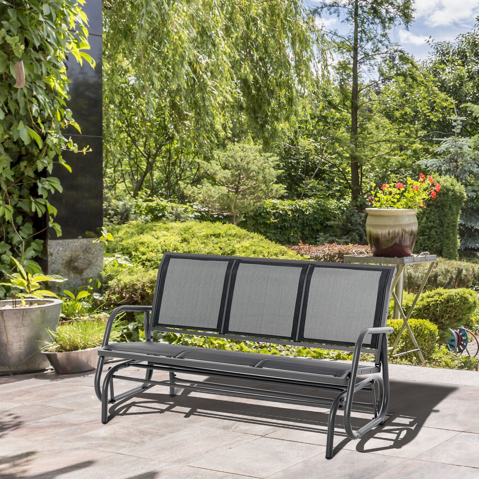Outsunny 3-Seat Outdoor Glider Chair, Patio Glider Outdoor Rocking Chair with Steel Frame, Sling Fabric Seat for Garden, Backyard, Lawn, Black