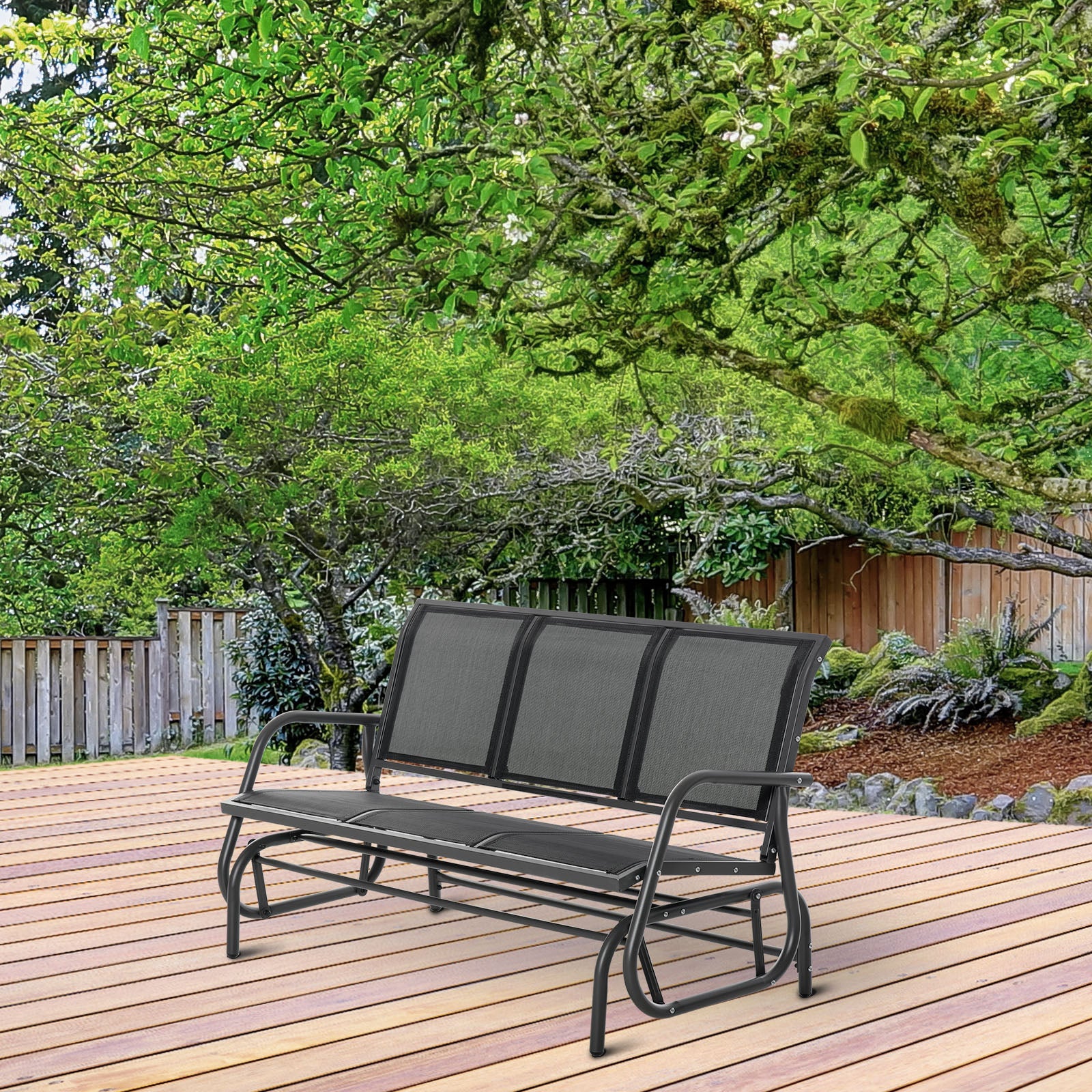 Outsunny 3-Seat Outdoor Glider Chair, Patio Glider Outdoor Rocking Chair with Steel Frame, Sling Fabric Seat for Garden, Backyard, Lawn, Black