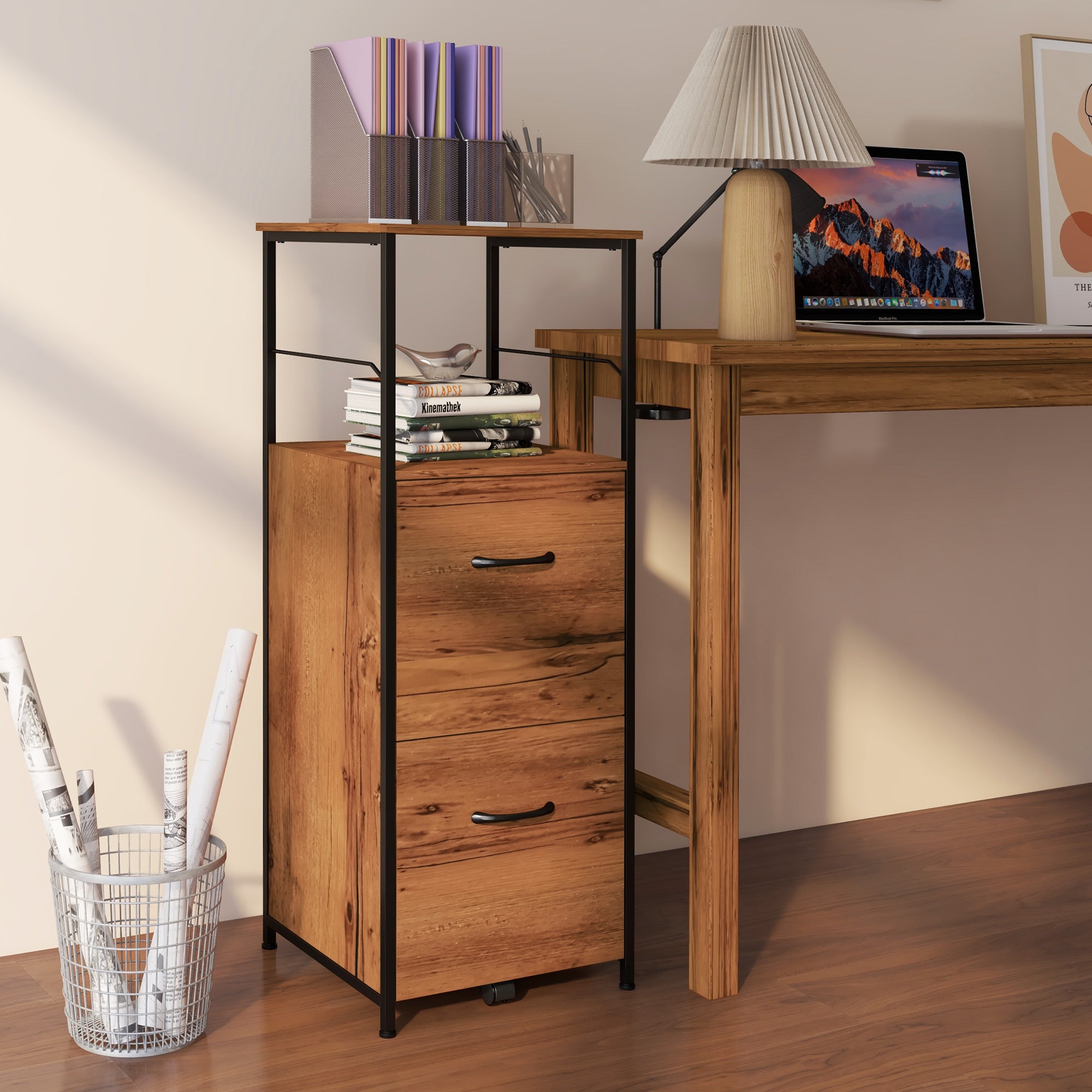 Vinsetto Vertical Filing Cabinet, 42.5" Tall File Cabinet with 2 Drawers, Open Shelf, Hanging Bars for Letter and A4 Size, Industrial Printer Stand for Home Office, Rustic Brown