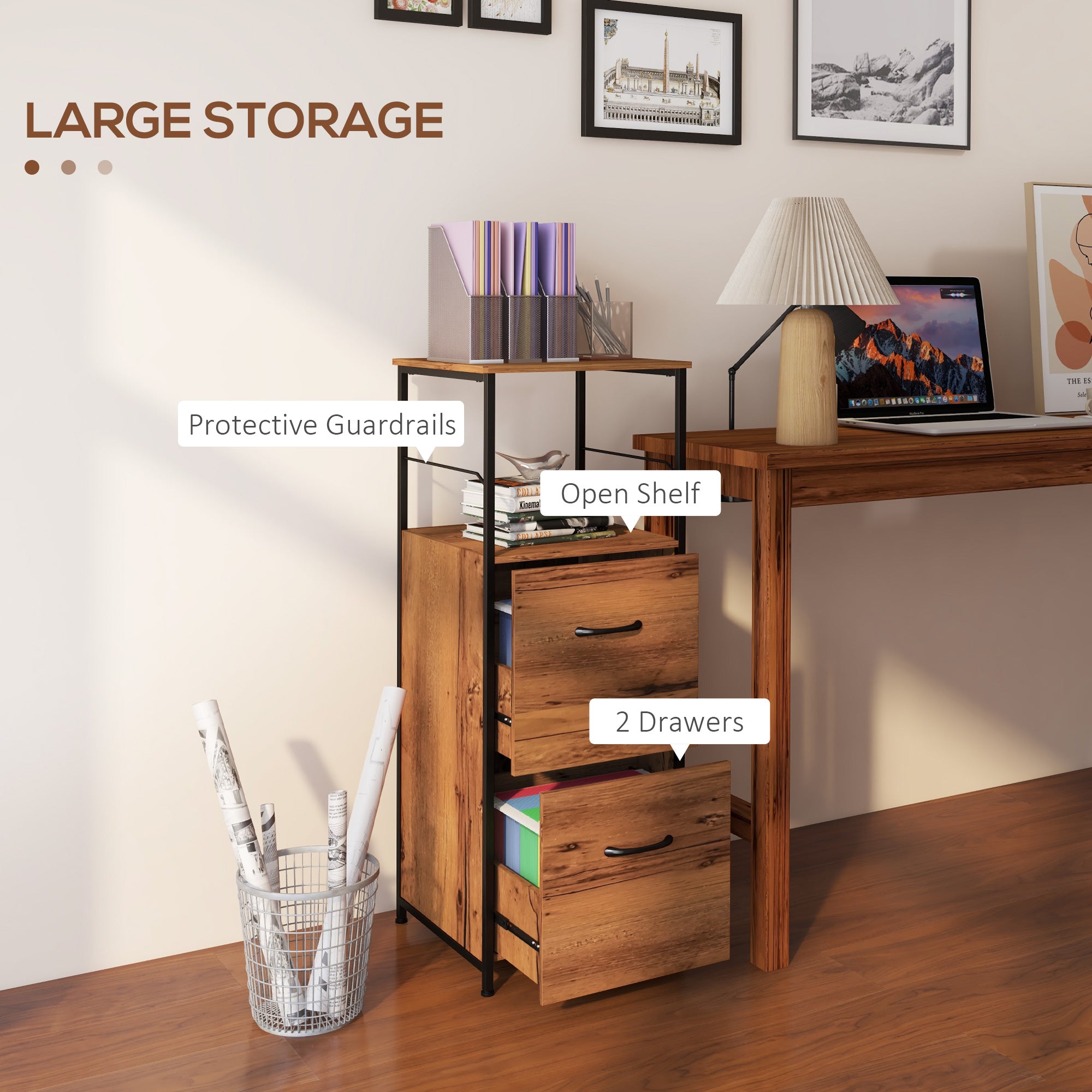 Vinsetto Vertical Filing Cabinet, 42.5" Tall File Cabinet with 2 Drawers, Open Shelf, Hanging Bars for Letter and A4 Size, Industrial Printer Stand for Home Office, Rustic Brown