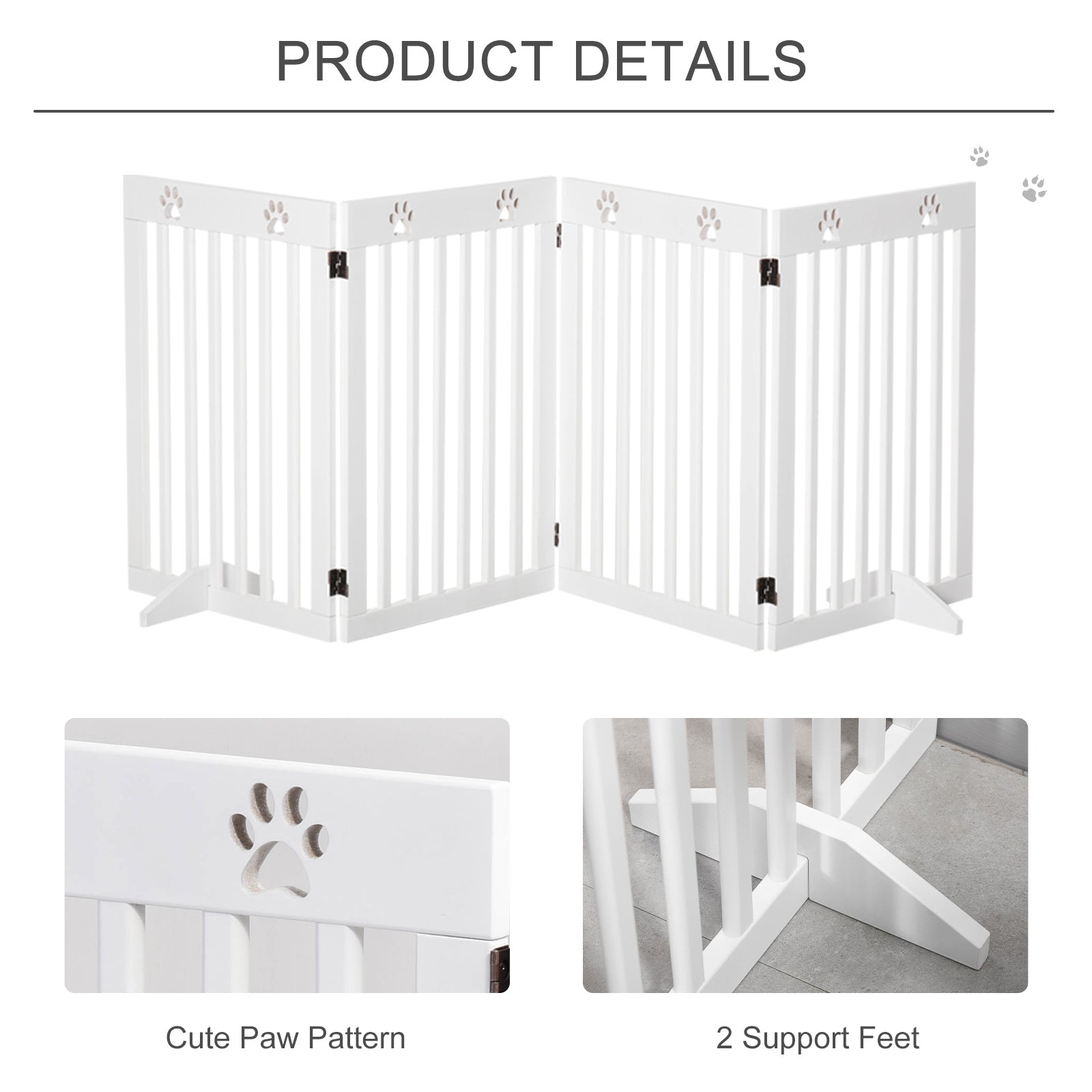 PawHut Freestanding Pet Gate 4 Panel Dog Barrier Folding Safety Fence with Support Feet up to 80.25" Long 29.5" Tall for Doorway Stairs Black White