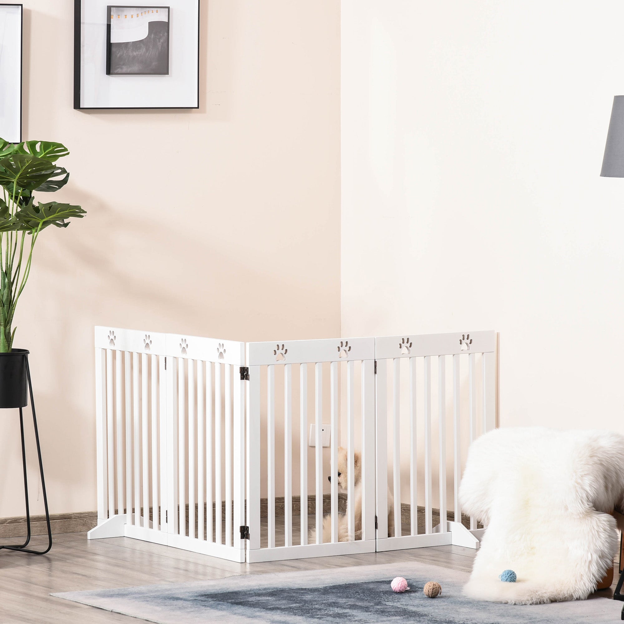 PawHut Freestanding Pet Gate 4 Panel Dog Barrier Folding Safety Fence with Support Feet up to 204cm Long 75cm Tall for Doorway Stairs, White