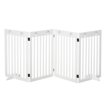 PawHut Freestanding Pet Gate 4 Panel Dog Barrier Folding Safety Fence with Support Feet up to 204cm Long 75cm Tall for Doorway Stairs, White