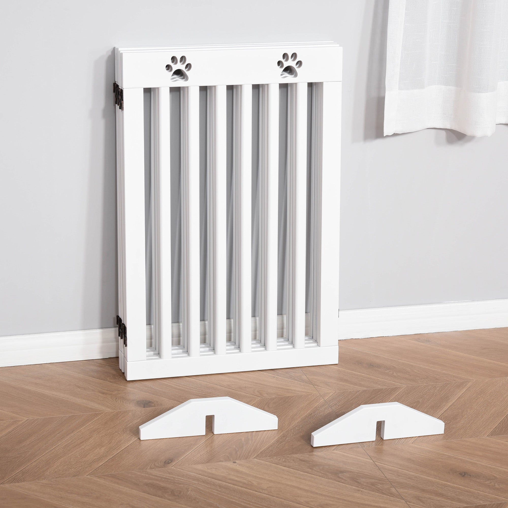 PawHut Freestanding Pet Gate 4 Panel Dog Barrier Folding Safety Fence with Support Feet up to 80.25" Long 29.5" Tall for Doorway Stairs Black White