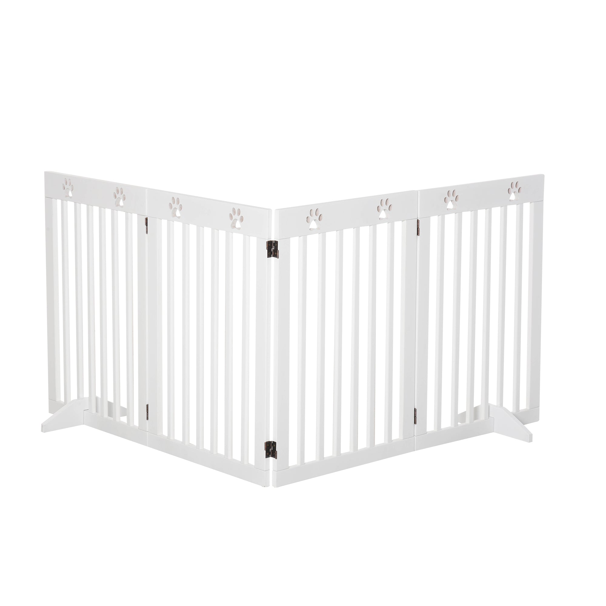 PawHut Freestanding Pet Gate 4 Panel Dog Barrier Folding Safety Fence with Support Feet up to 204cm Long 75cm Tall for Doorway Stairs, White