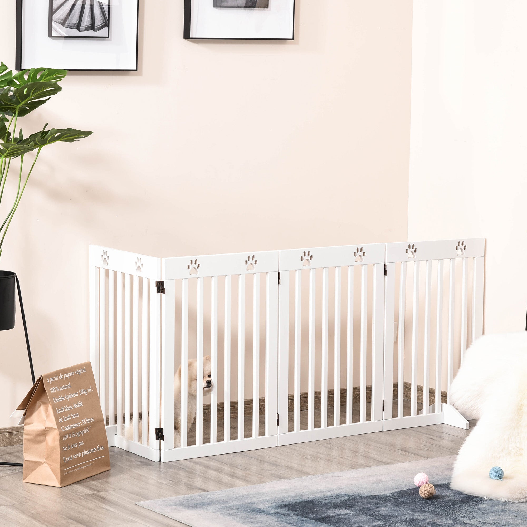 PawHut Freestanding Pet Gate 4 Panel Dog Barrier Folding Safety Fence with Support Feet up to 80.25" Long 29.5" Tall for Doorway Stairs Black White